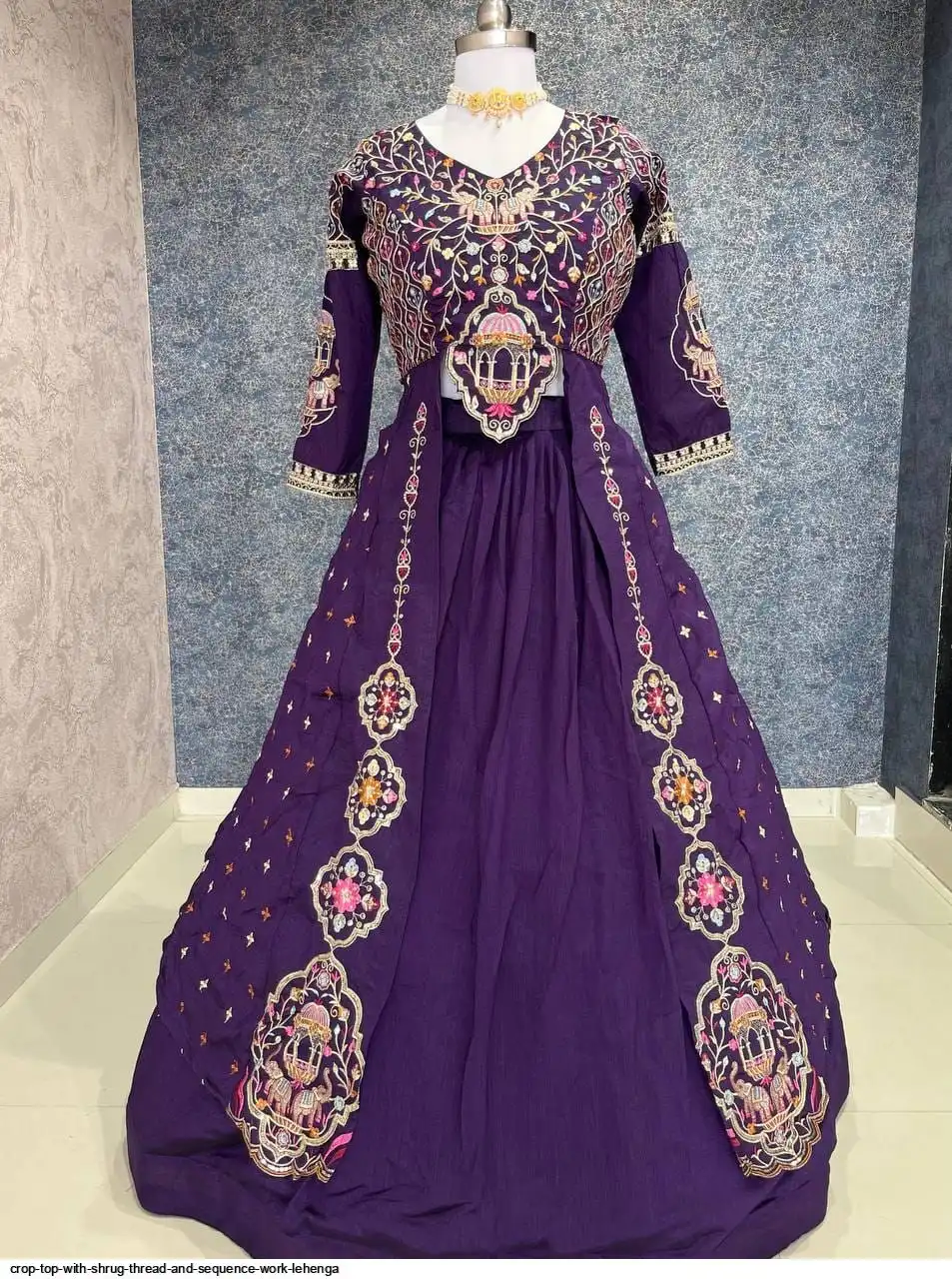 CROP TOP WITH SHRUG THREAD AND SEQUENCE WORK LEHENGA 1