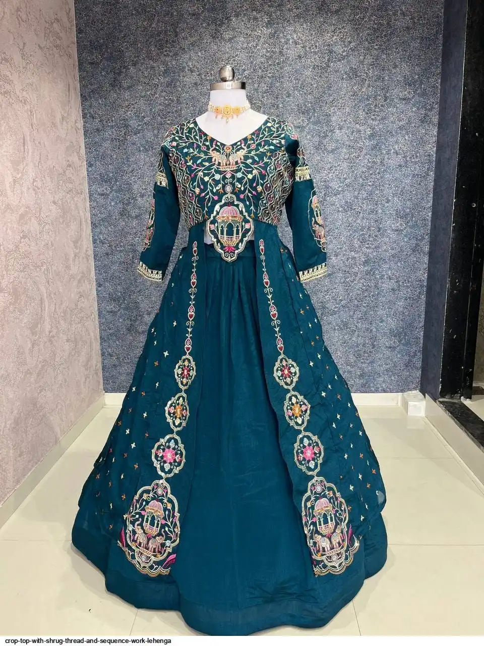 CROP TOP WITH SHRUG THREAD AND SEQUENCE WORK LEHENGA 2