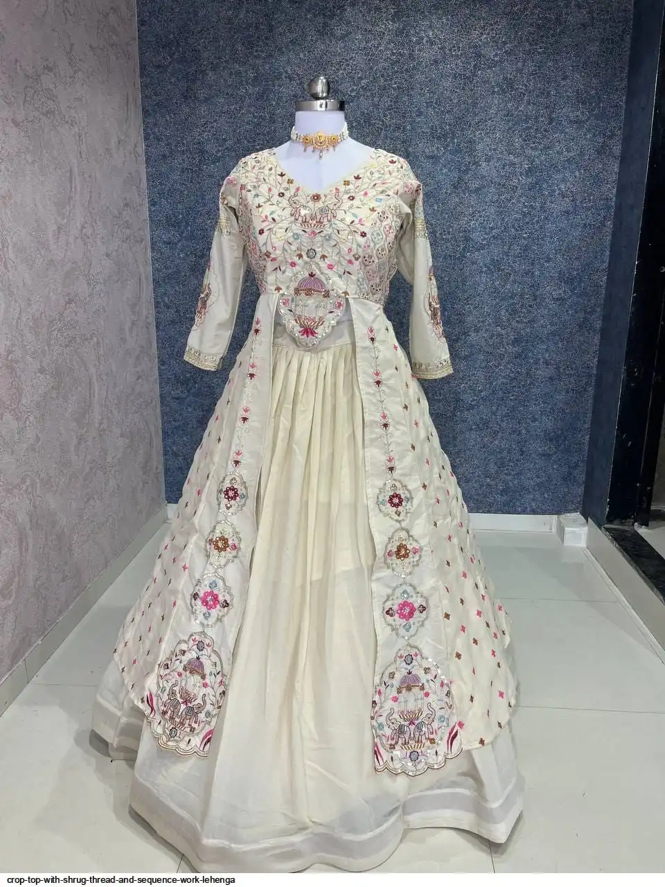 CROP TOP WITH SHRUG THREAD AND SEQUENCE WORK LEHENGA 3