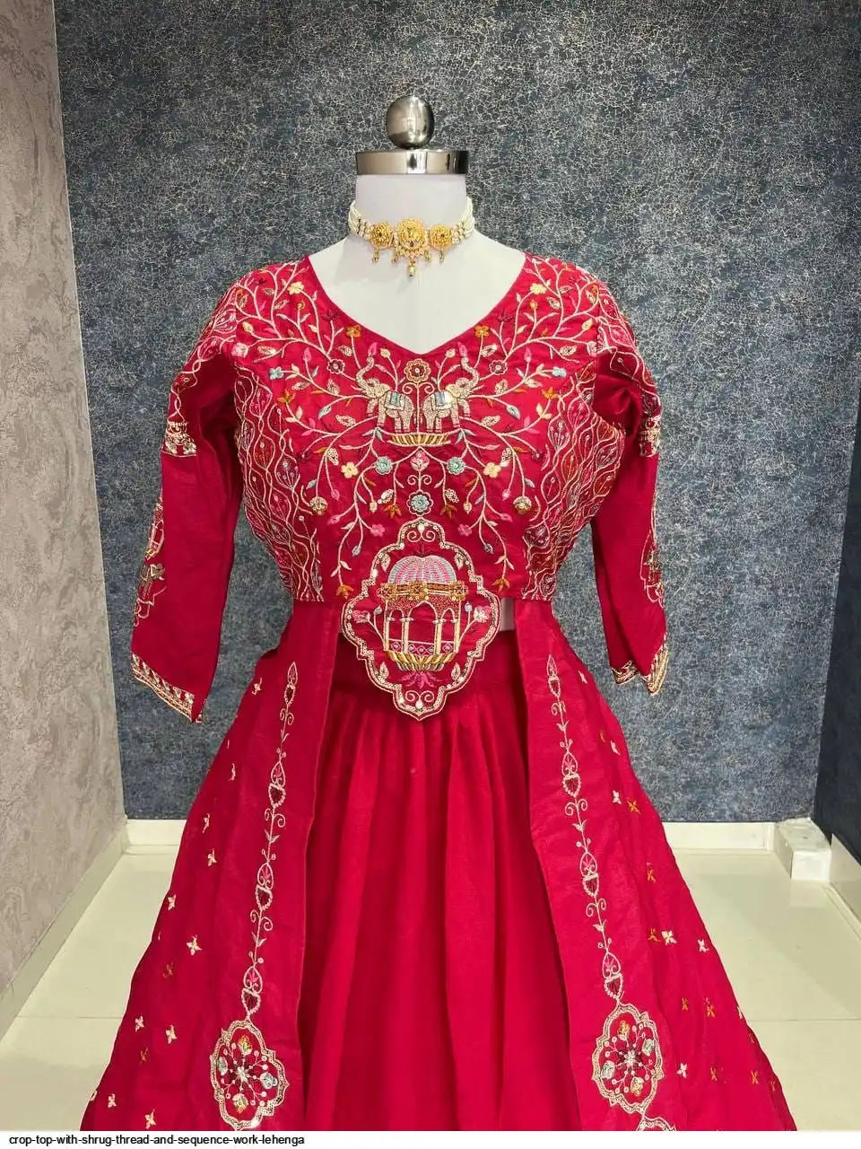 CROP TOP WITH SHRUG THREAD AND SEQUENCE WORK LEHENGA 4