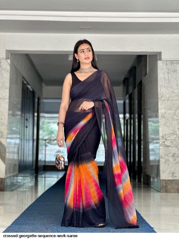 BishtHub Damen Saree Schwarz Mit Blusenteil - Sequence Work Georgette Für Festliche Anlässe