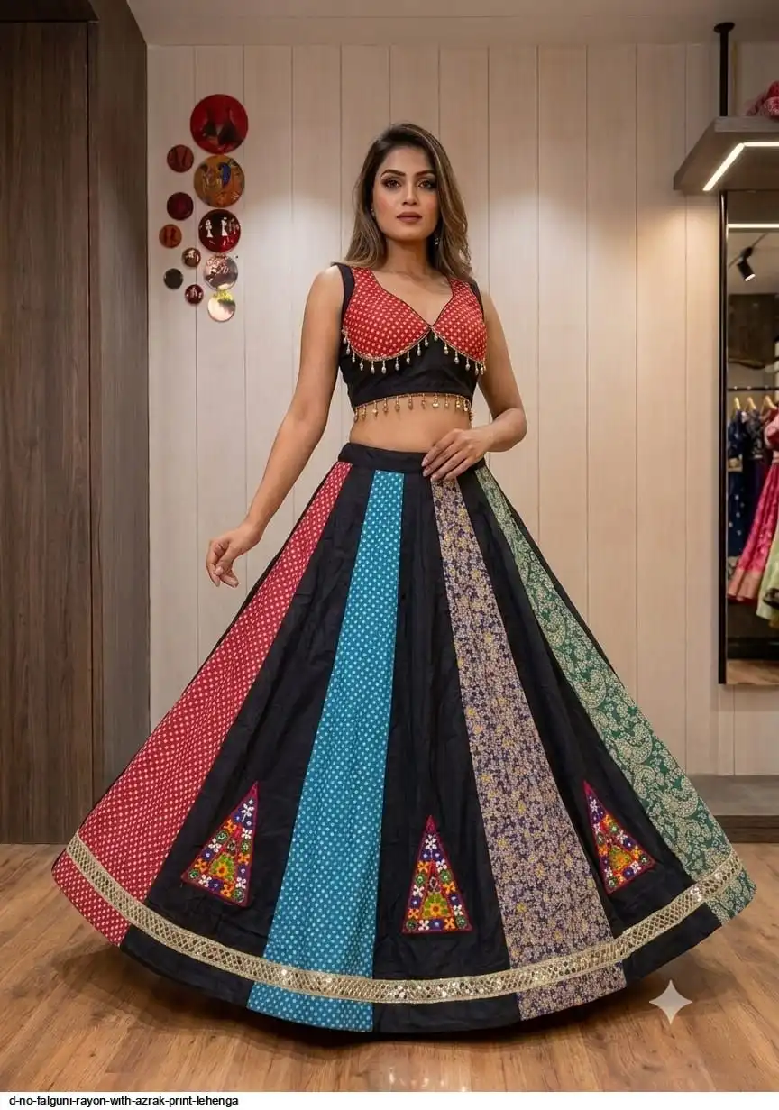 D NO FALGUNI RAYON WITH AZRAK PRINT LEHENGA 2