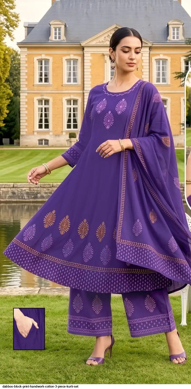 DABBOO BLOCK PRINT HANDWORK COTTON 3 PIECE KURTI SET C