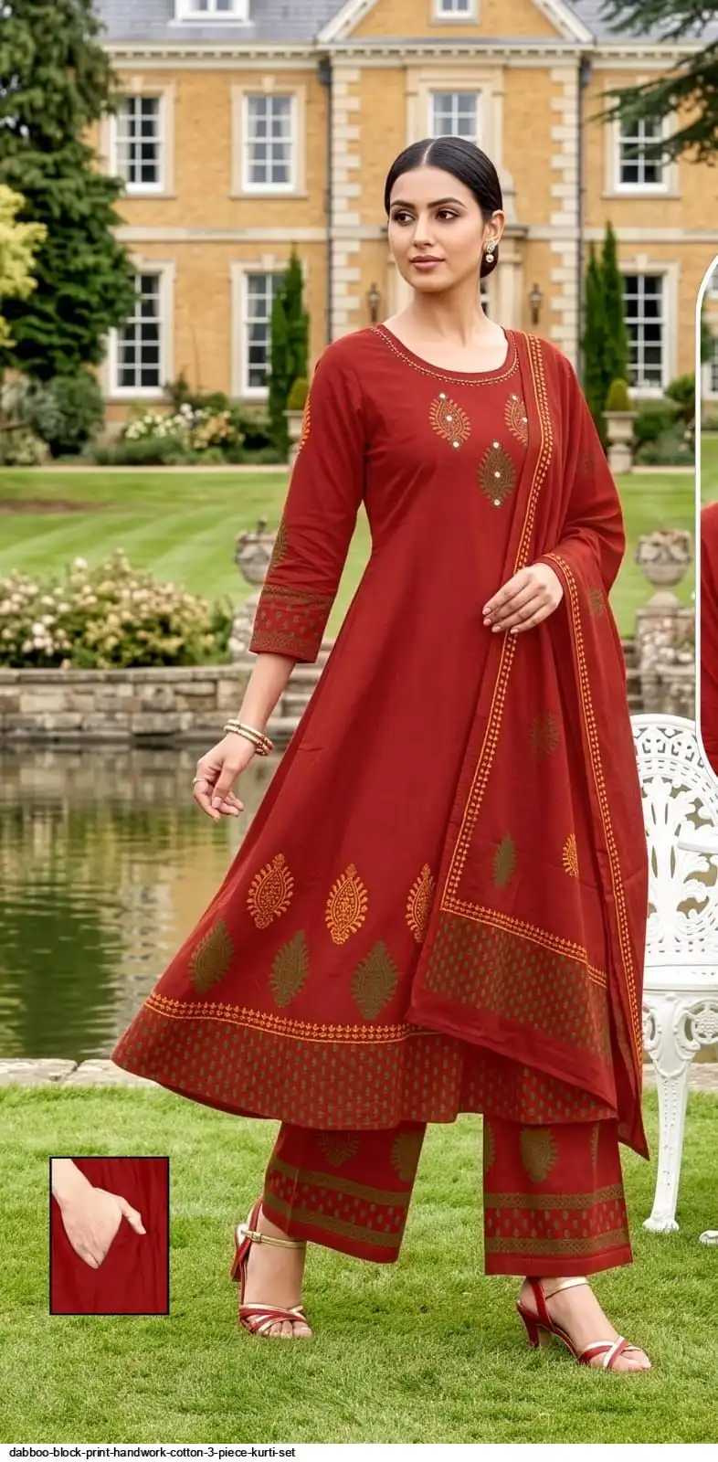 DABBOO BLOCK PRINT HANDWORK COTTON 3 PIECE KURTI SET A