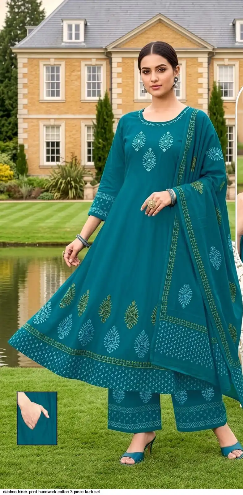 DABBOO BLOCK PRINT HANDWORK COTTON 3 PIECE KURTI SET D