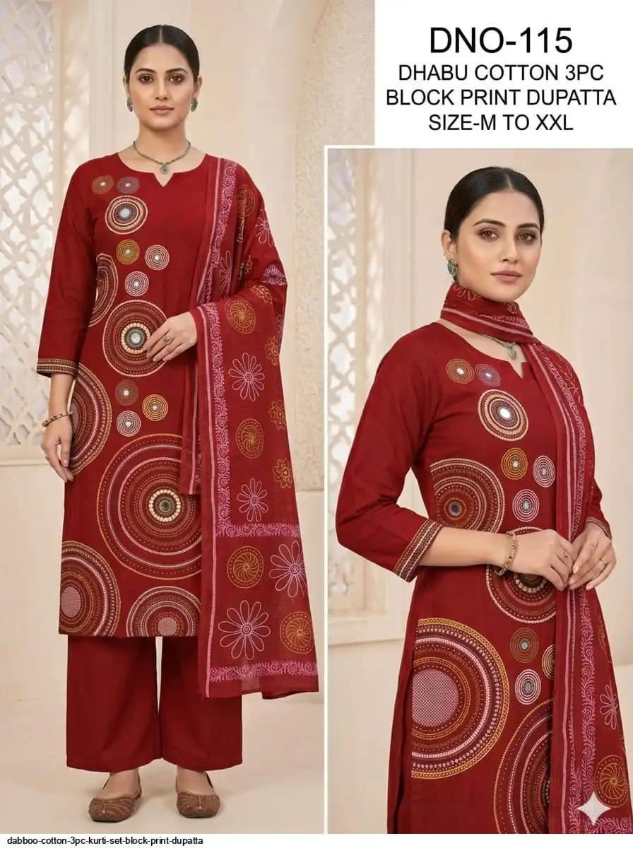DABBOO COTTON 3PC KURTI SET BLOCK PRINT DUPATTA B