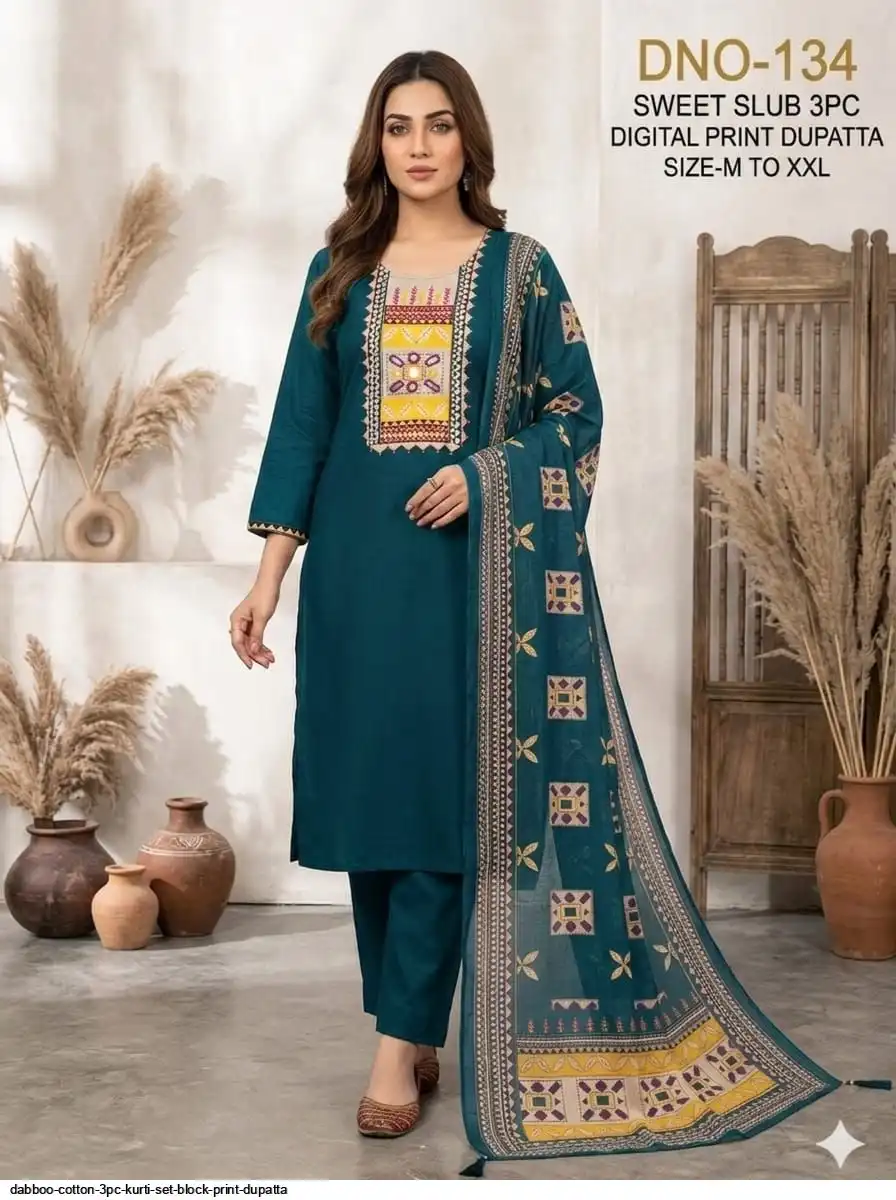 DABBOO COTTON 3PC KURTI SET BLOCK PRINT DUPATTA C