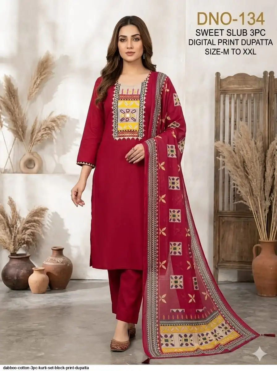 DABBOO COTTON 3PC KURTI SET BLOCK PRINT DUPATTA D