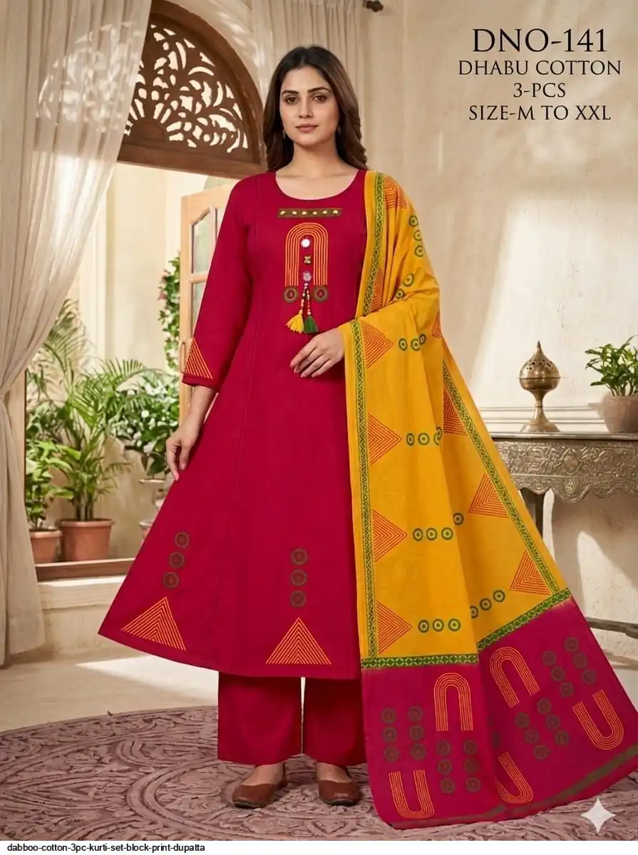 DABBOO COTTON 3PC KURTI SET BLOCK PRINT DUPATTA E