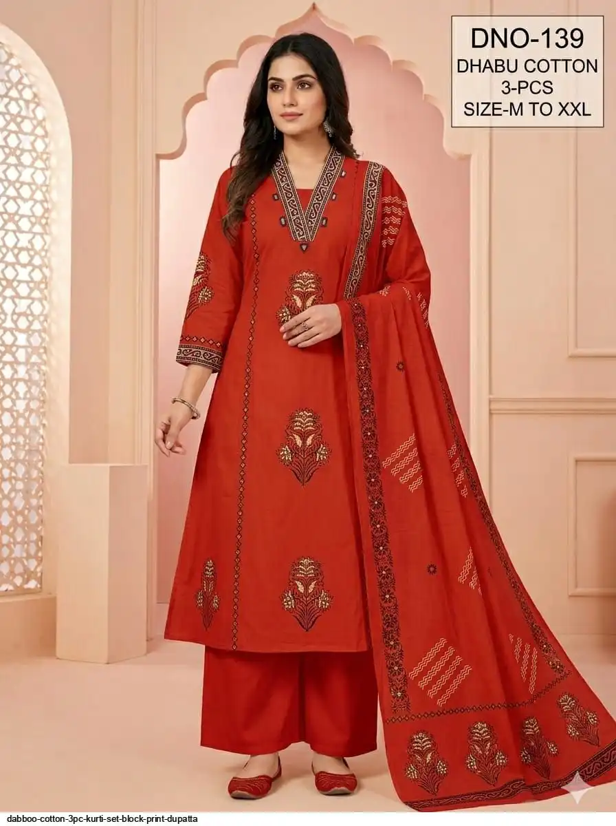 DABBOO COTTON 3PC KURTI SET BLOCK PRINT DUPATTA H