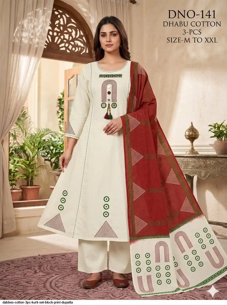 DABBOO COTTON 3PC KURTI SET BLOCK PRINT DUPATTA F