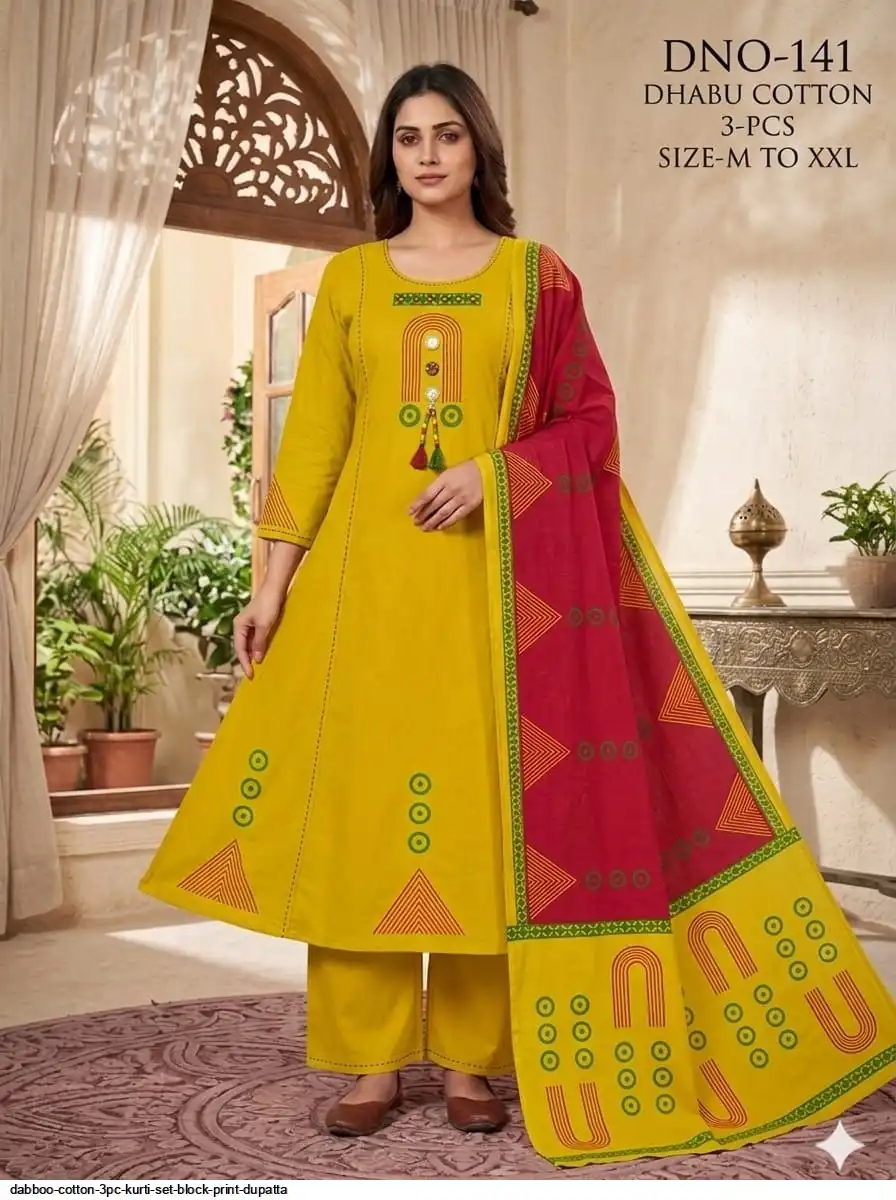 DABBOO COTTON 3PC KURTI SET BLOCK PRINT DUPATTA I