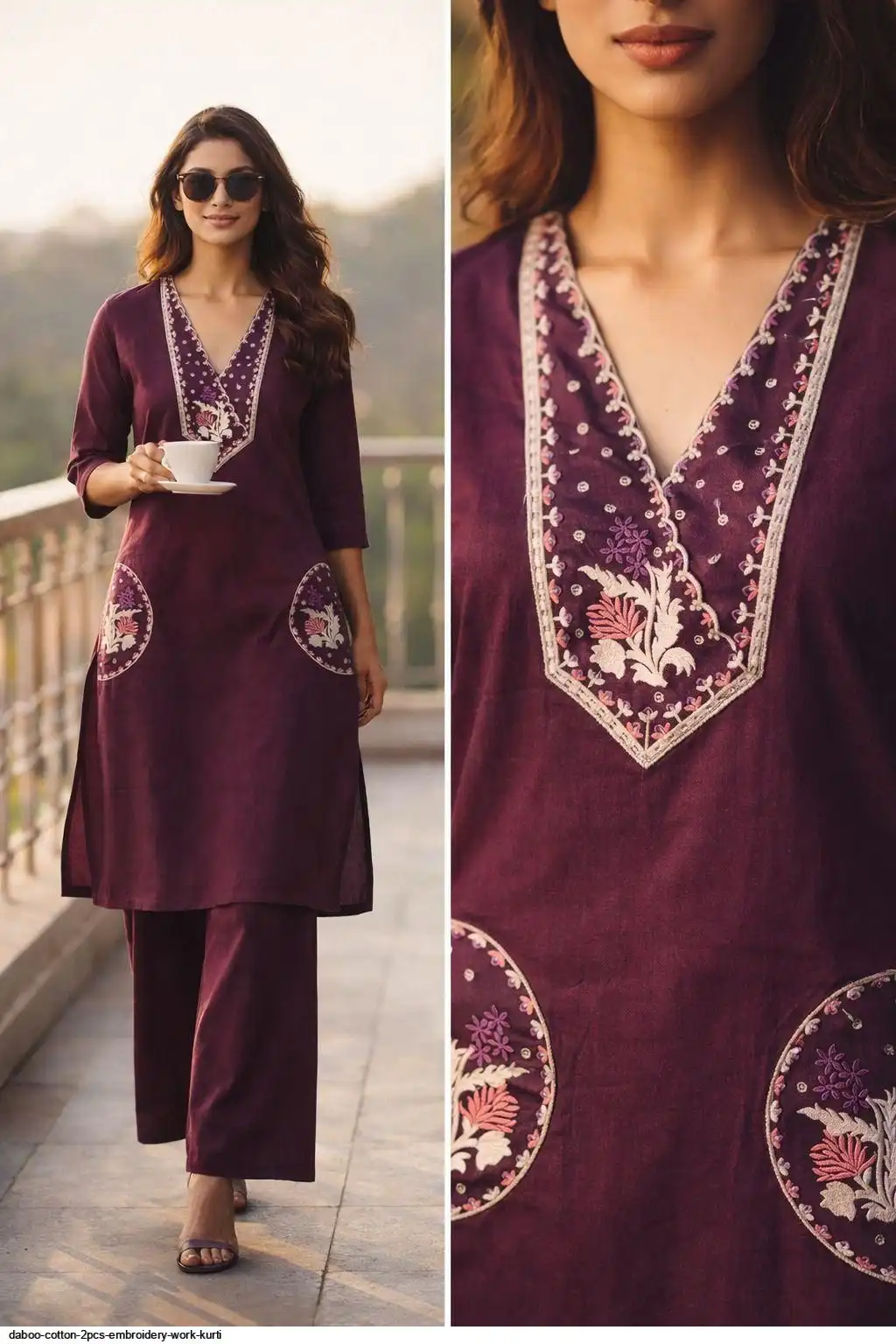 DABOO COTTON 2PCS EMBROIDERY WORK KURTI 2