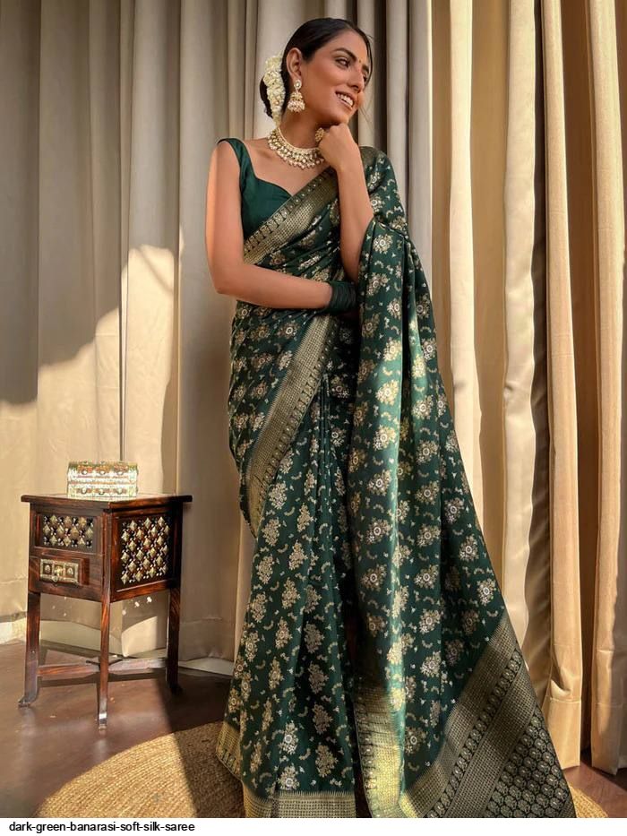 Bottle Green Woven Exclusive Designer Banarasi Silk Saree With Embroid –  zarikaariindia.com