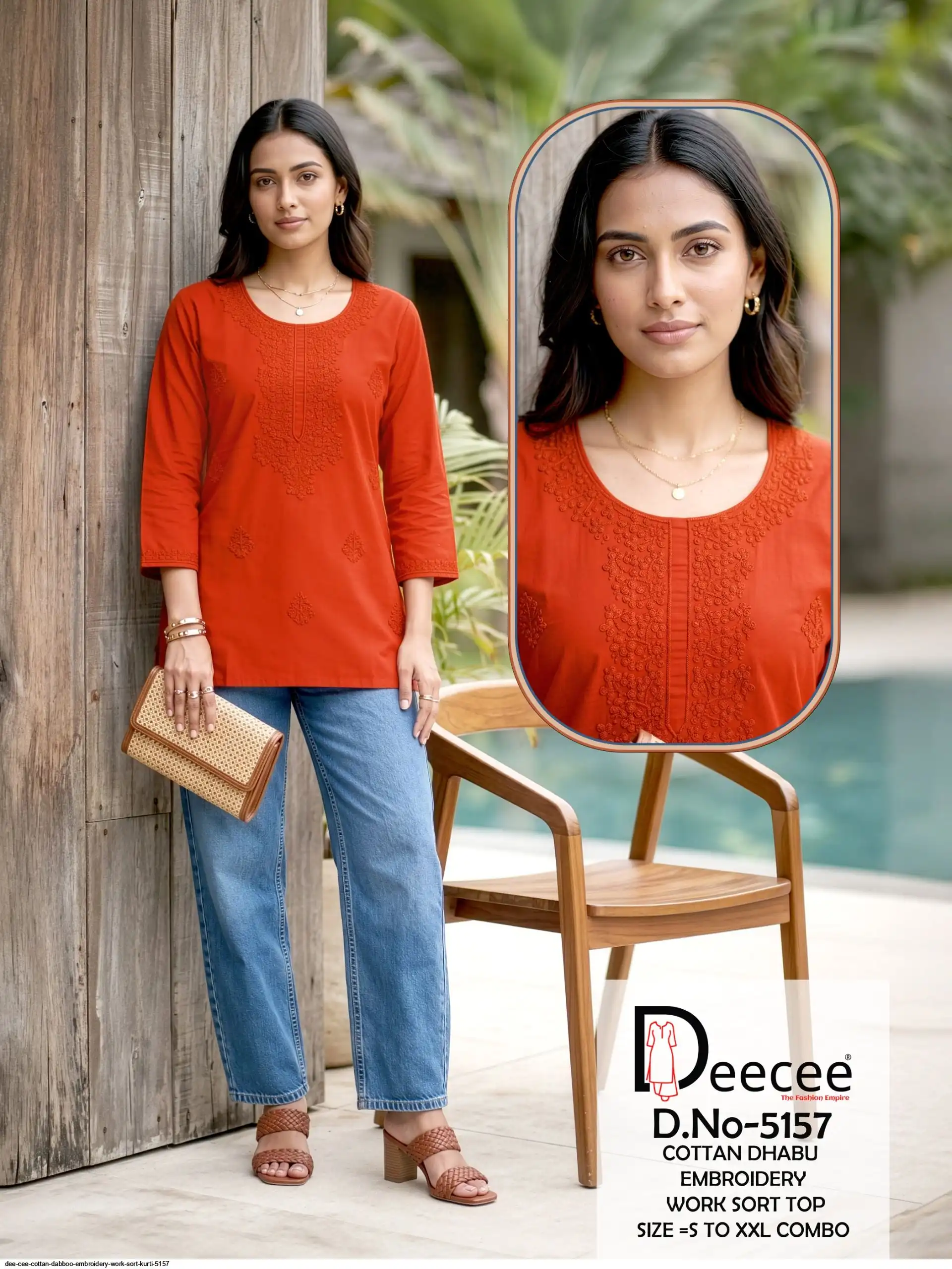 DEE CEE COTTAN DABBOO EMBROIDERY WORK SORT KURTI 5157 D