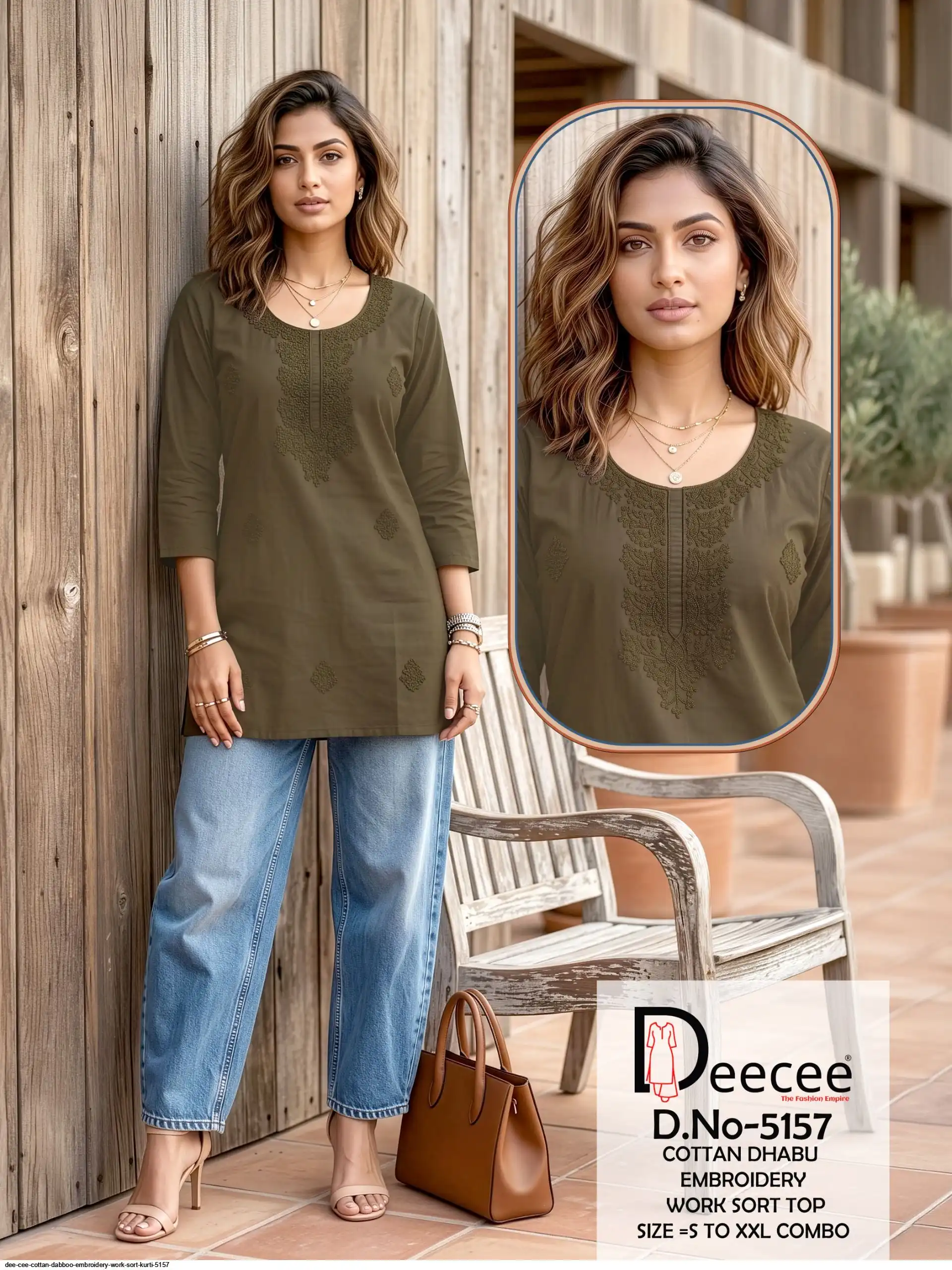 DEE CEE COTTAN DABBOO EMBROIDERY WORK SORT KURTI 5157 C