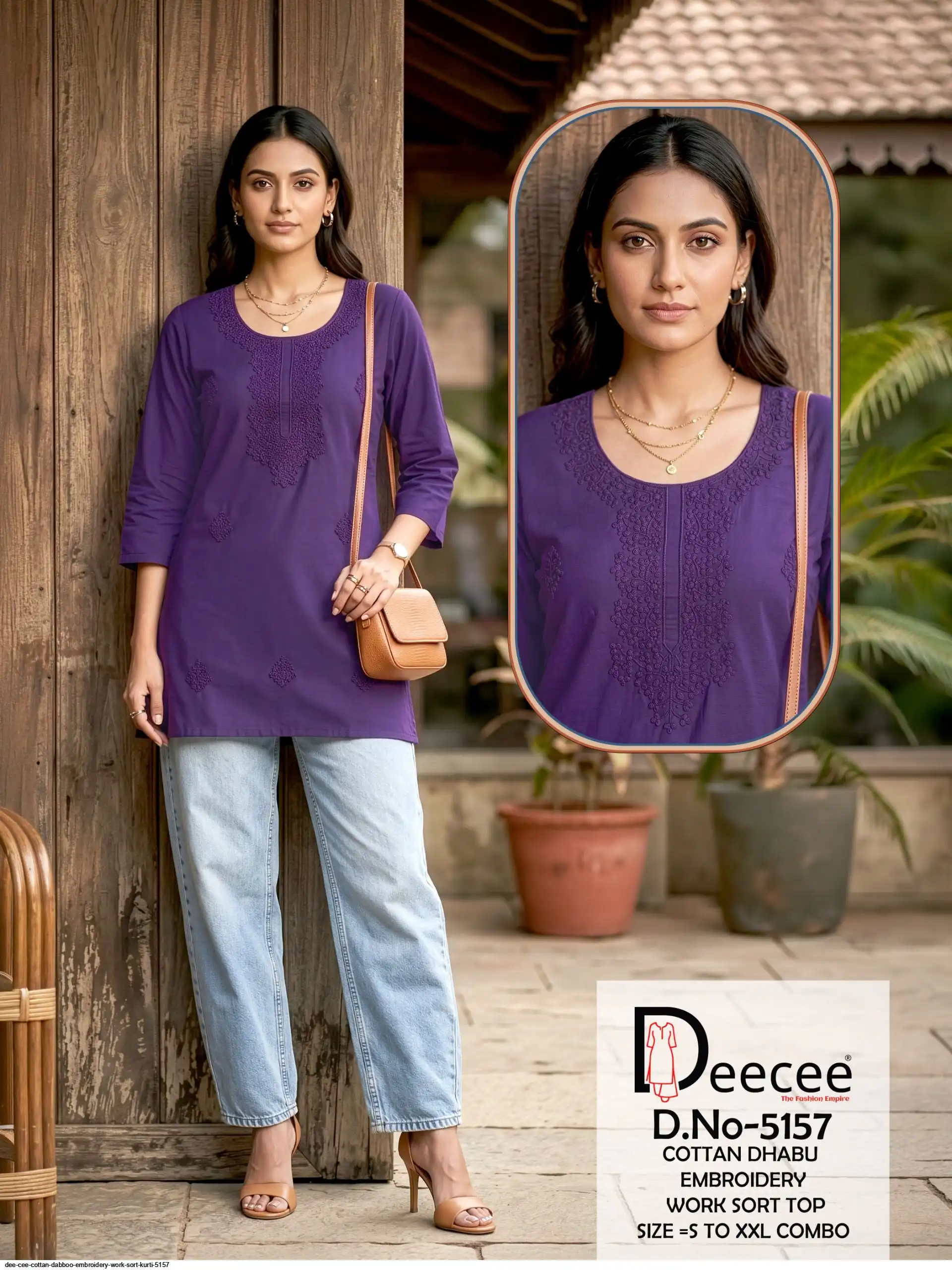 DEE CEE COTTAN DABBOO EMBROIDERY WORK SORT KURTI 5157 E
