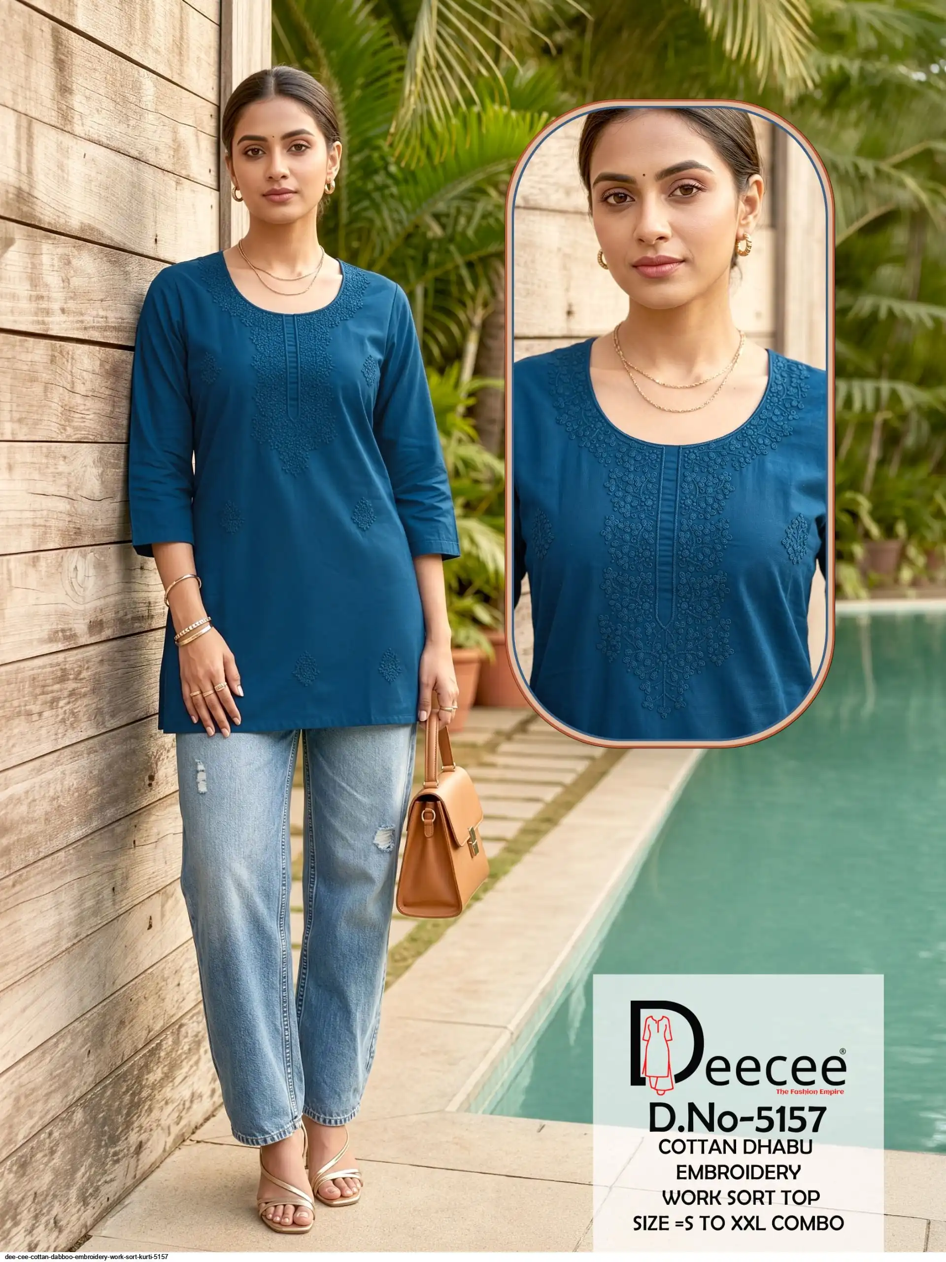 DEE CEE COTTAN DABBOO EMBROIDERY WORK SORT KURTI 5157 G