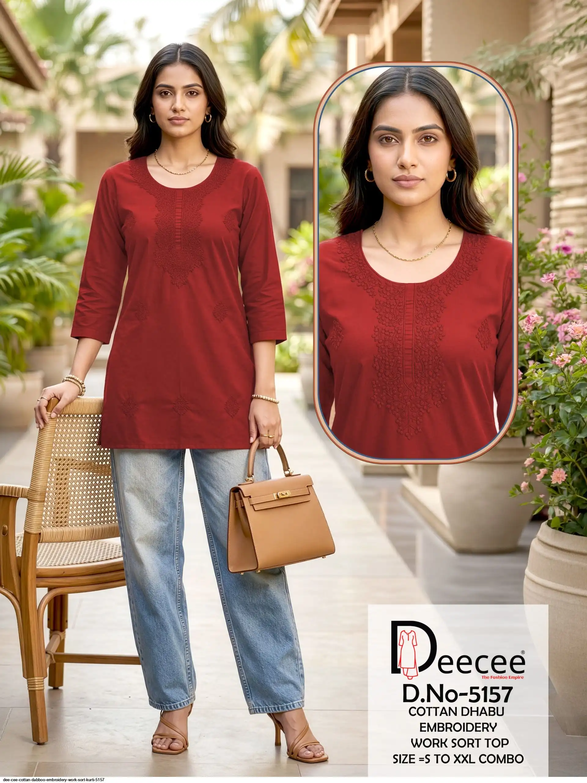 DEE CEE COTTAN DABBOO EMBROIDERY WORK SORT KURTI 5157 H