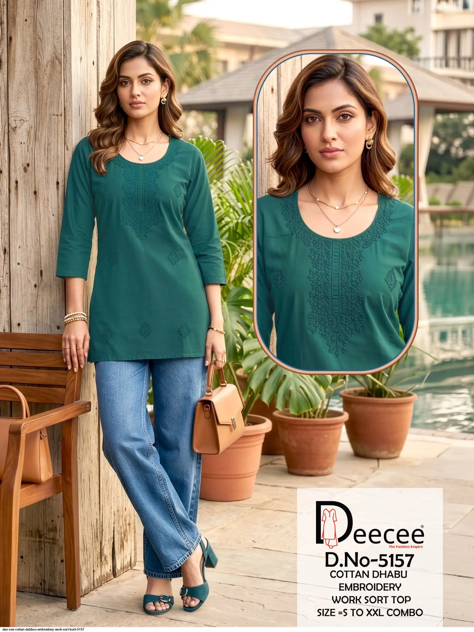 DEE CEE COTTAN DABBOO EMBROIDERY WORK SORT KURTI 5157 A