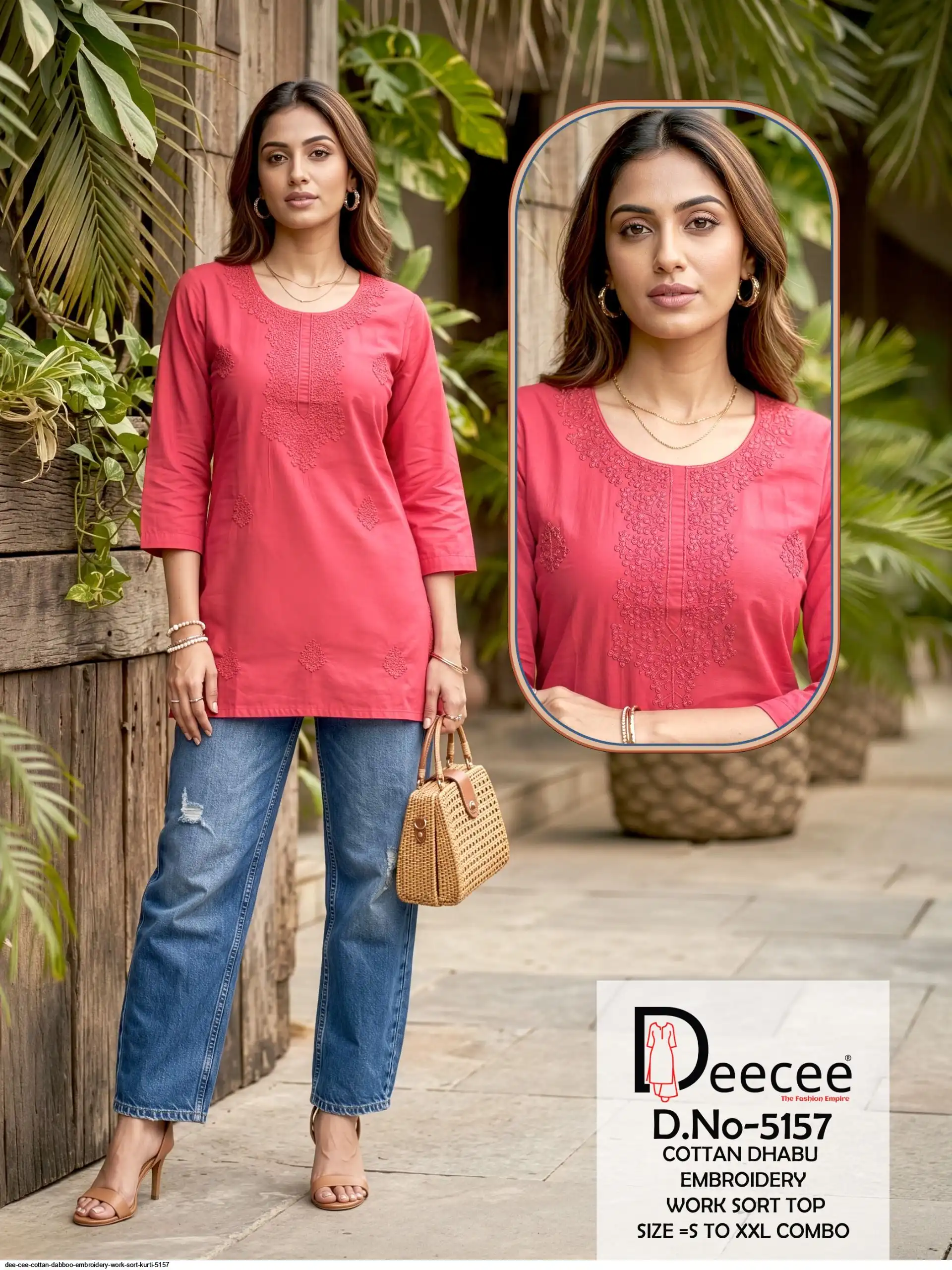 DEE CEE COTTAN DABBOO EMBROIDERY WORK SORT KURTI 5157 I