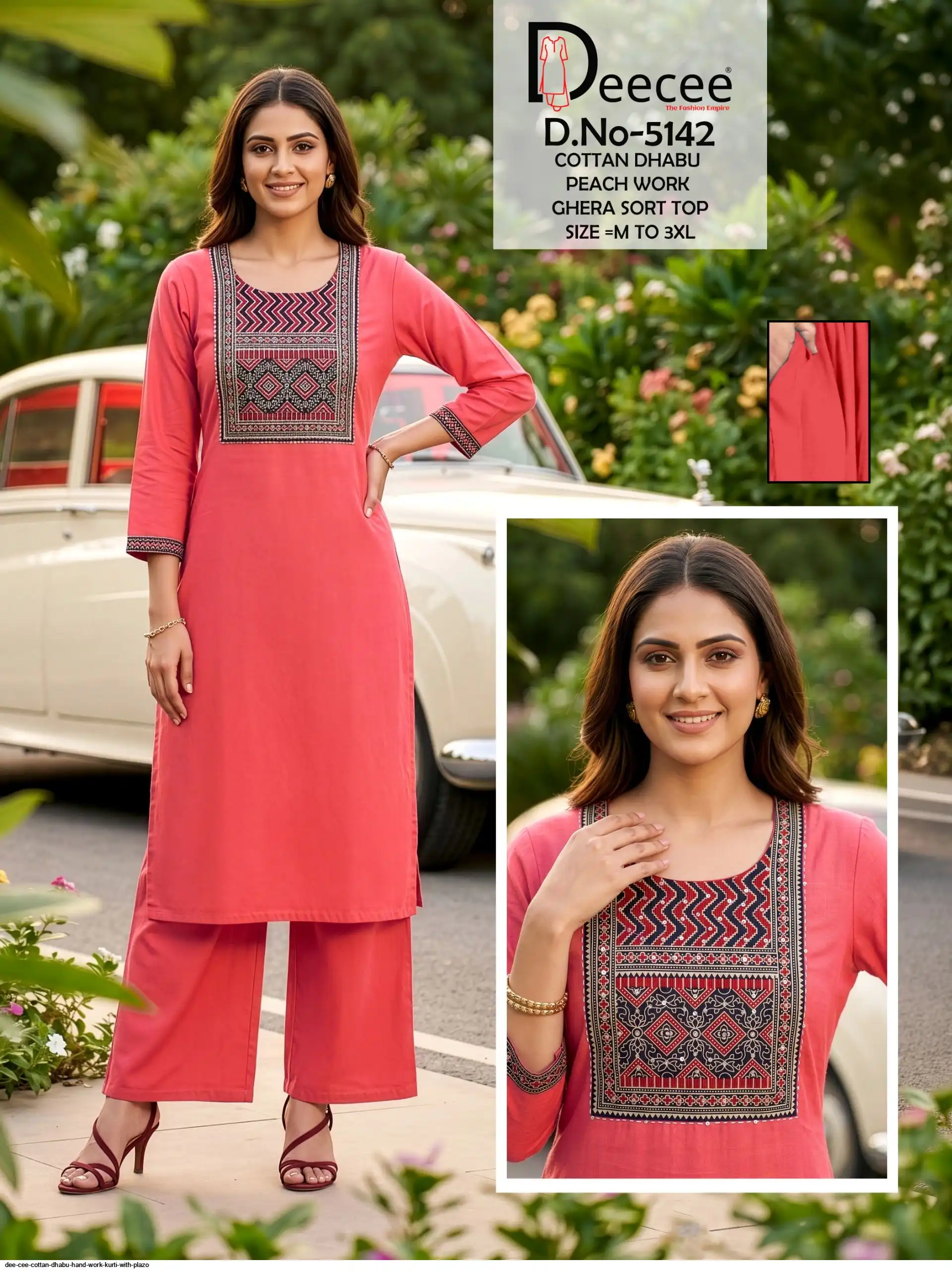 DEE CEE COTTAN DHABU HAND WORK KURTI WITH PLAZO A