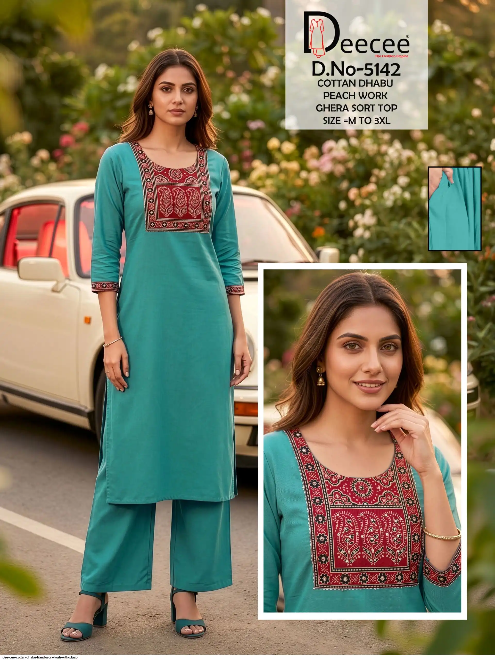 DEE CEE COTTAN DHABU HAND WORK KURTI WITH PLAZO B