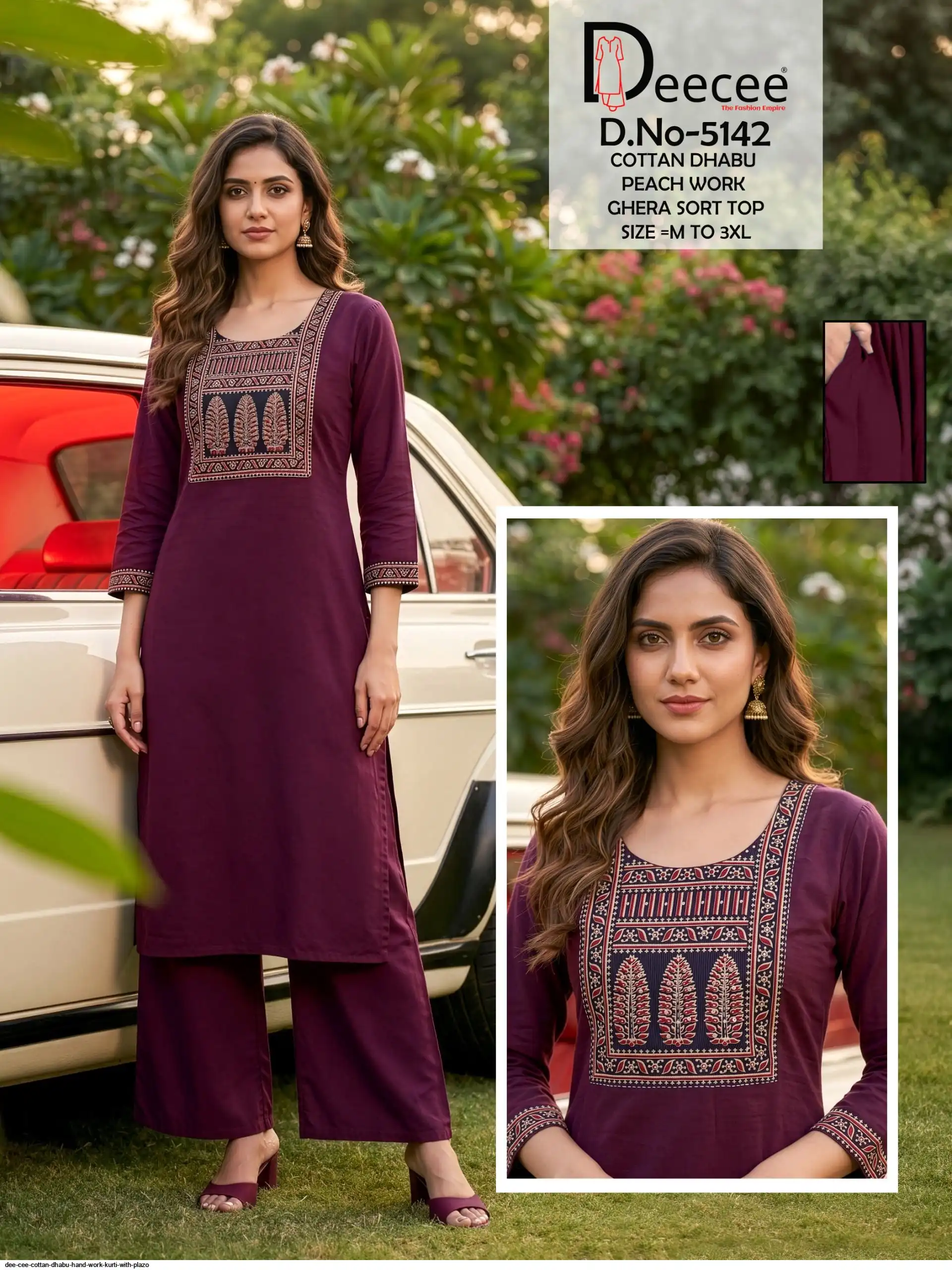 DEE CEE COTTAN DHABU HAND WORK KURTI WITH PLAZO E