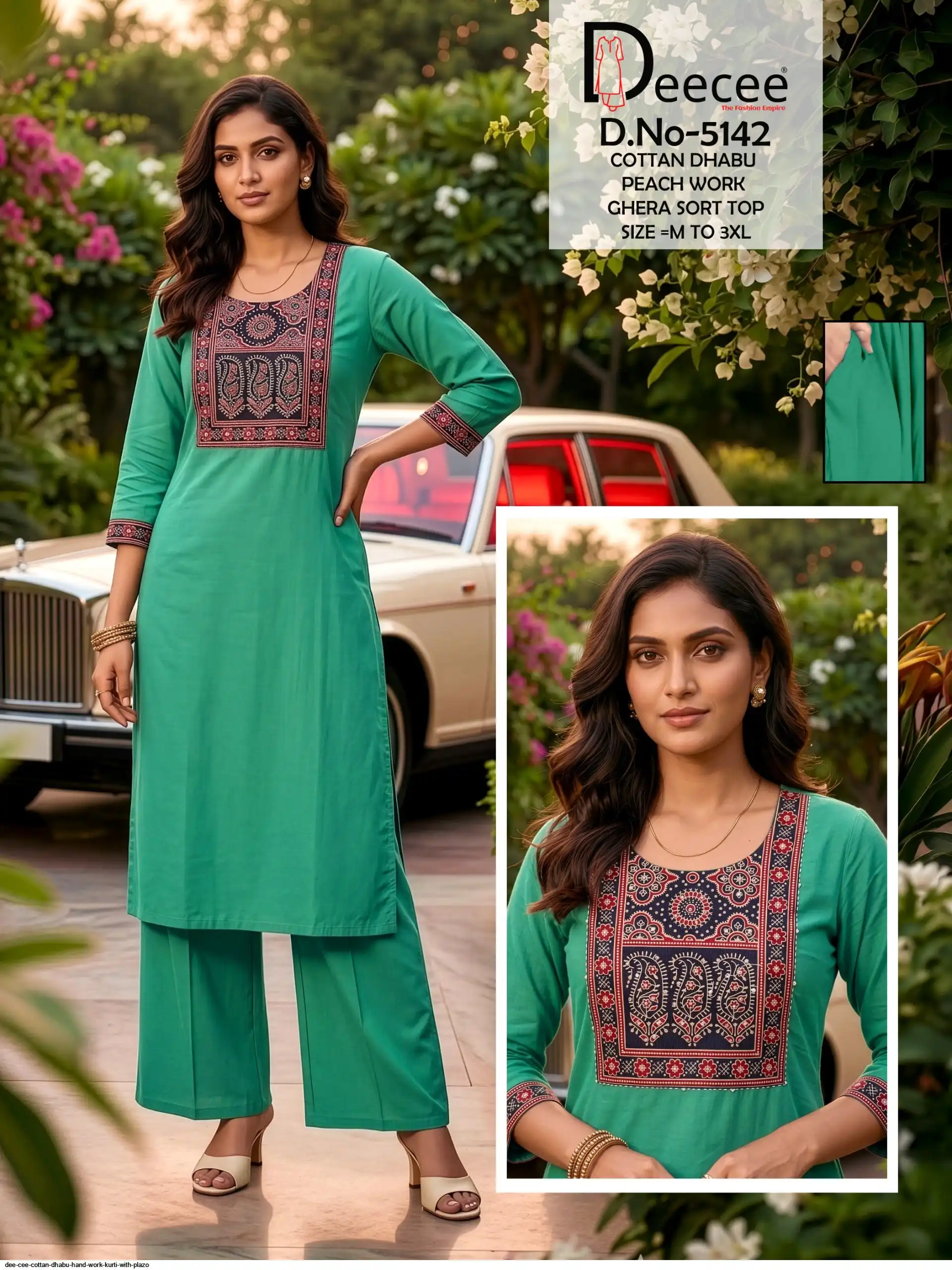DEE CEE COTTAN DHABU HAND WORK KURTI WITH PLAZO D