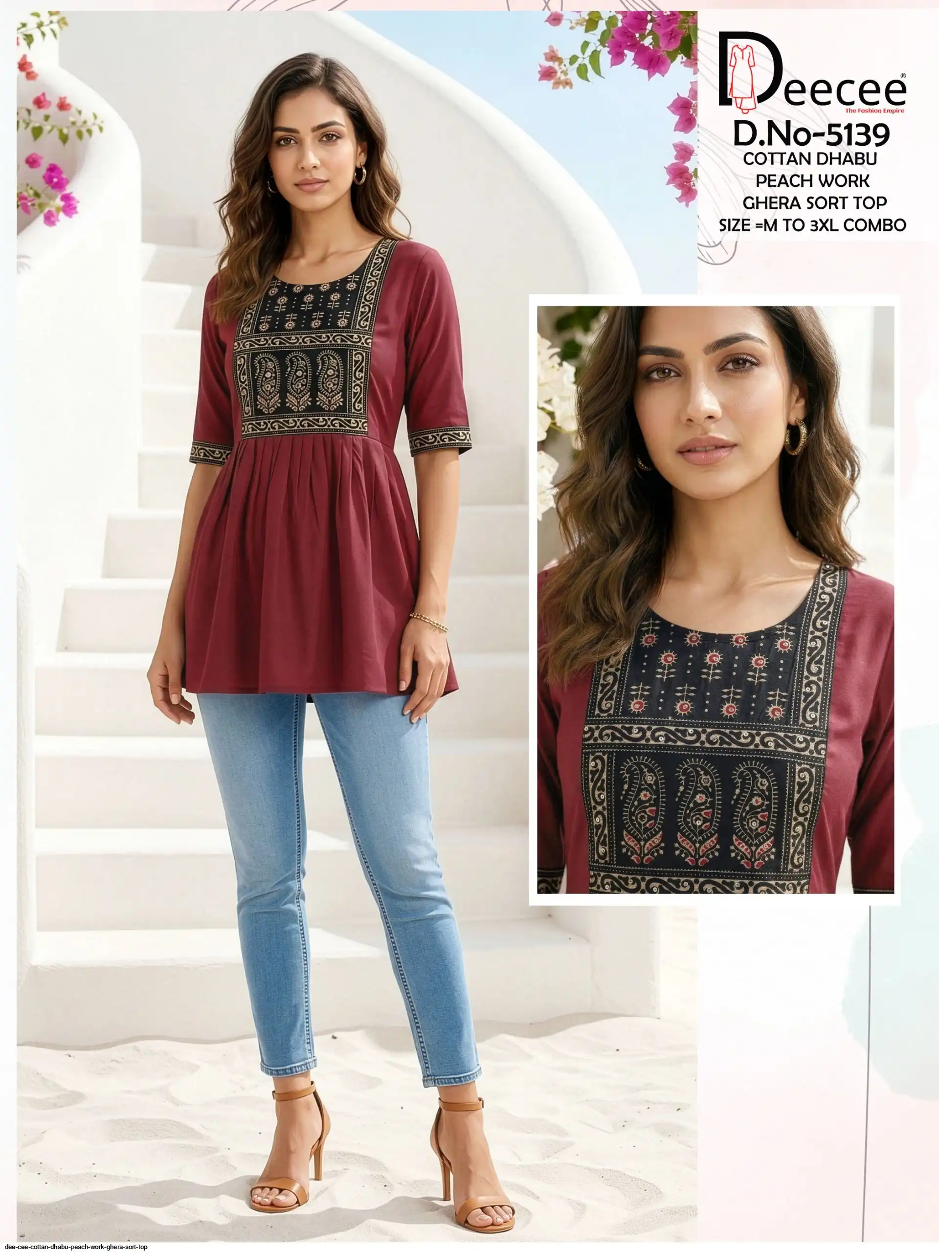 DEE CEE COTTAN DHABU PEACH WORK GHERA SORT TOP B