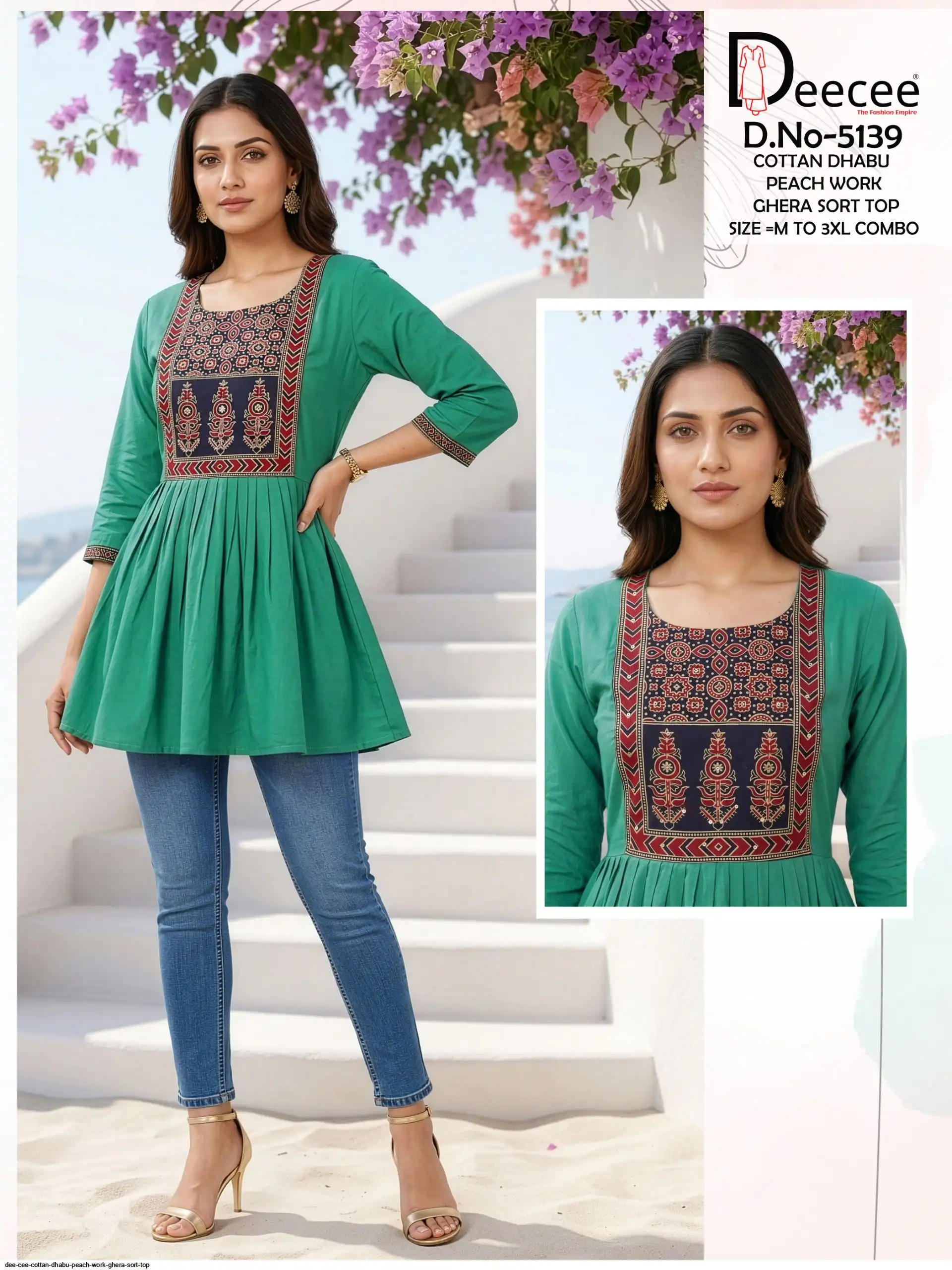 DEE CEE COTTAN DHABU PEACH WORK GHERA SORT TOP D