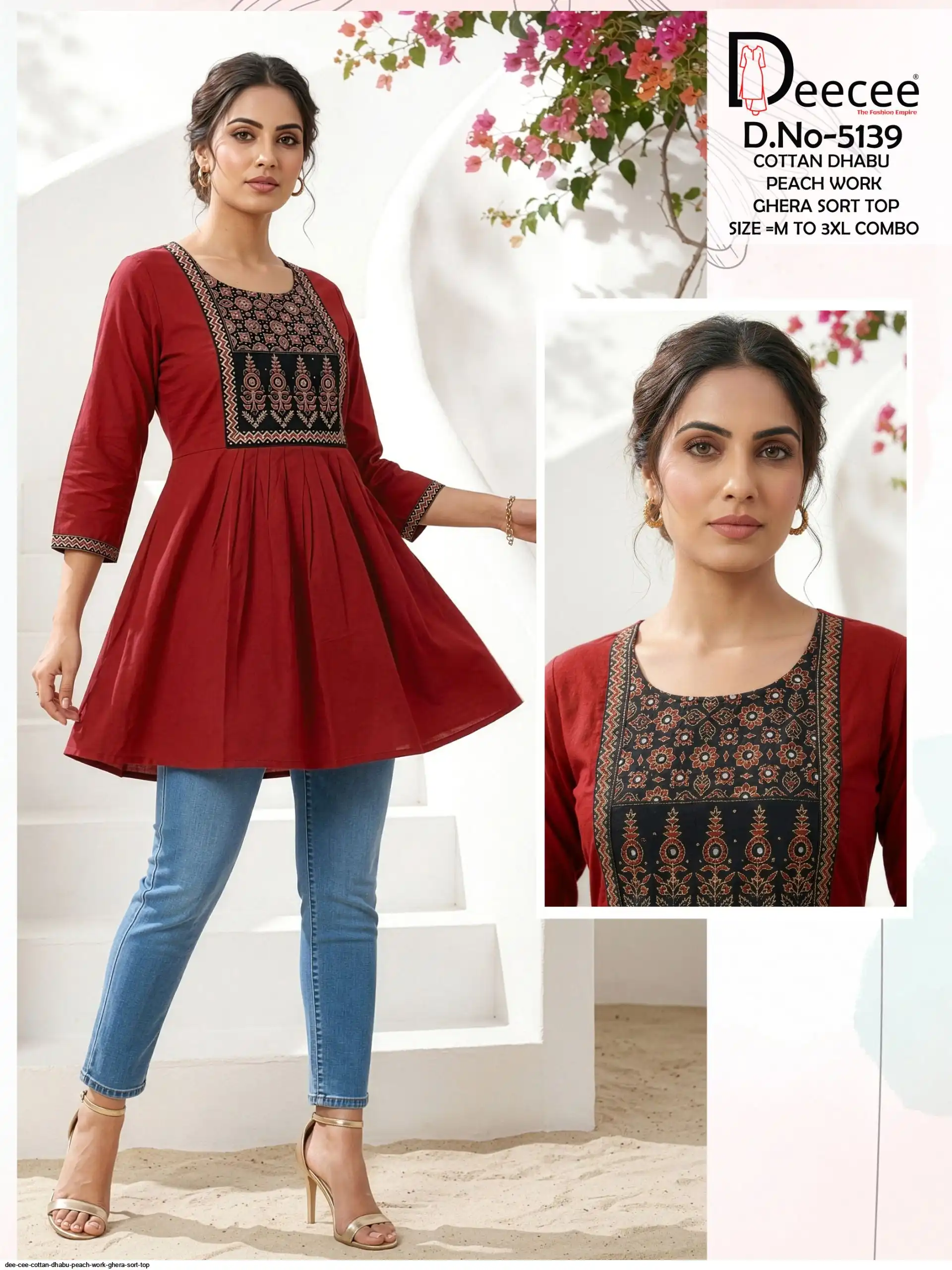 DEE CEE COTTAN DHABU PEACH WORK GHERA SORT TOP F