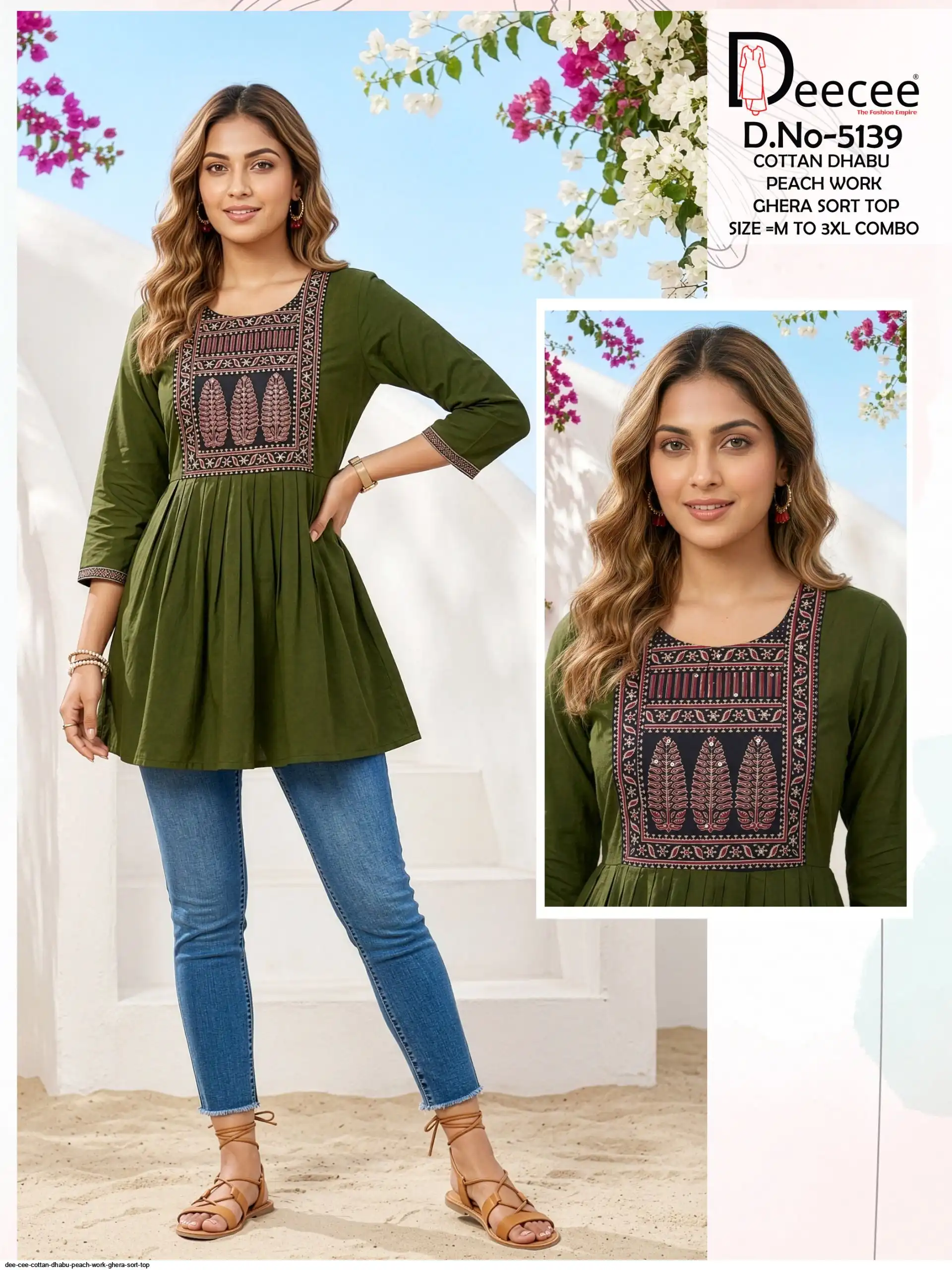 DEE CEE COTTAN DHABU PEACH WORK GHERA SORT TOP E