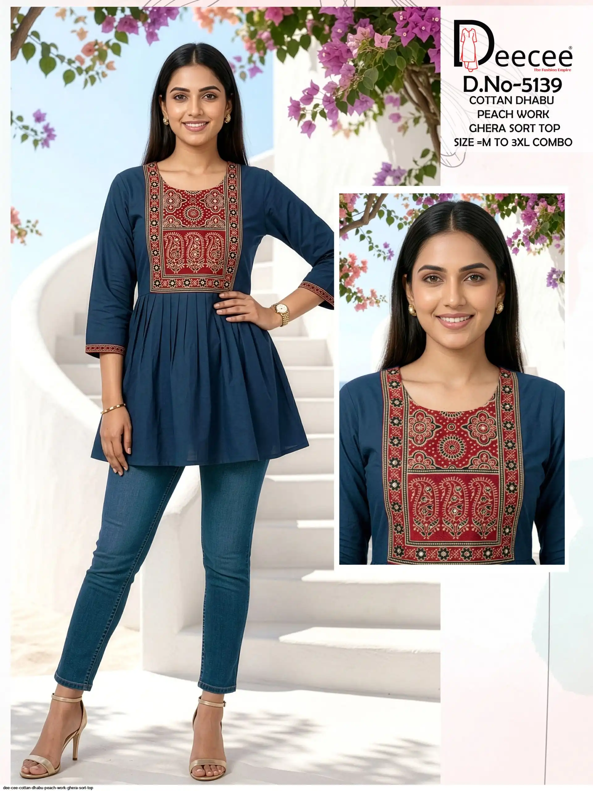 DEE CEE COTTAN DHABU PEACH WORK GHERA SORT TOP G
