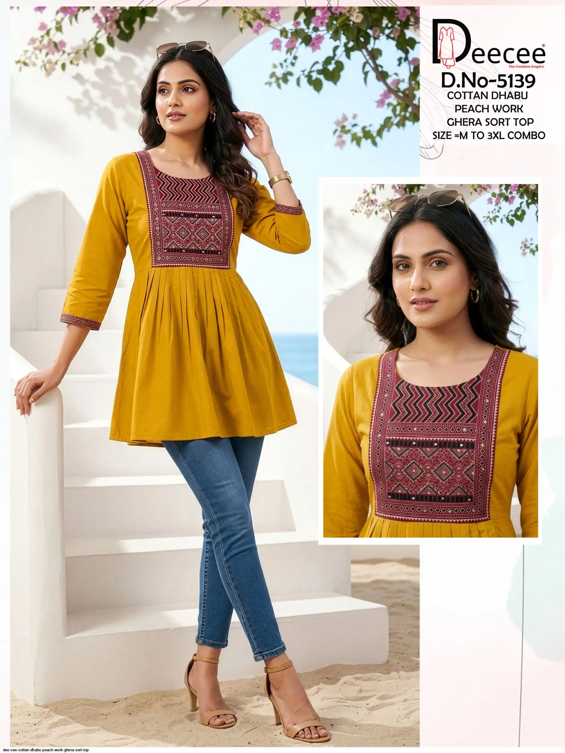 DEE CEE COTTAN DHABU PEACH WORK GHERA SORT TOP H