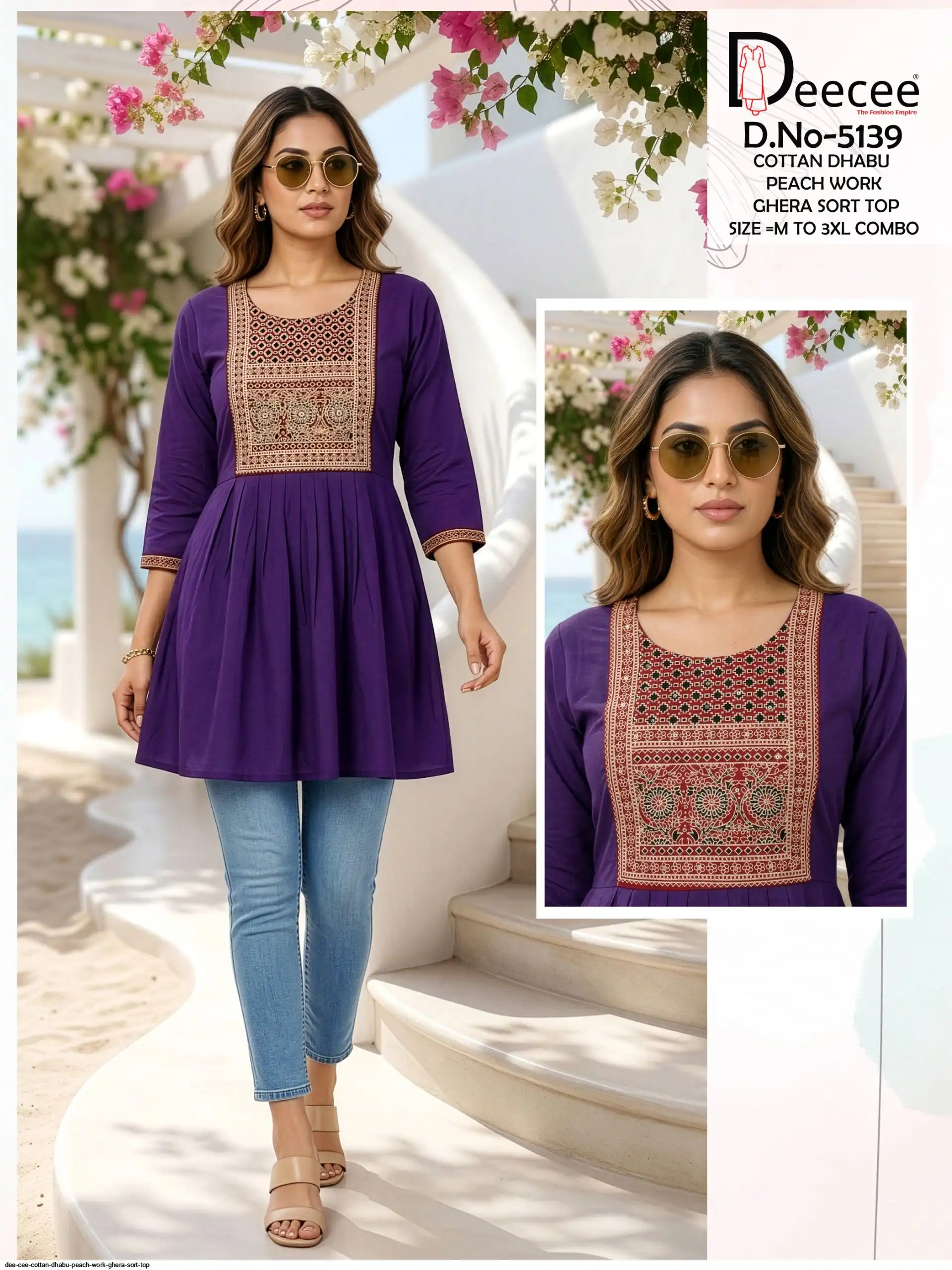 DEE CEE COTTAN DHABU PEACH WORK GHERA SORT TOP J