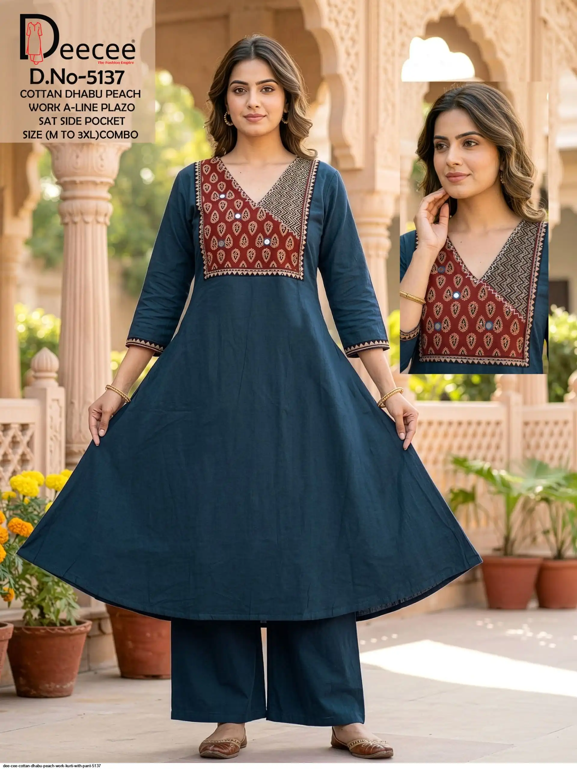DEE CEE COTTAN DHABU PEACH WORK KURTI WITH PANT 5137 A