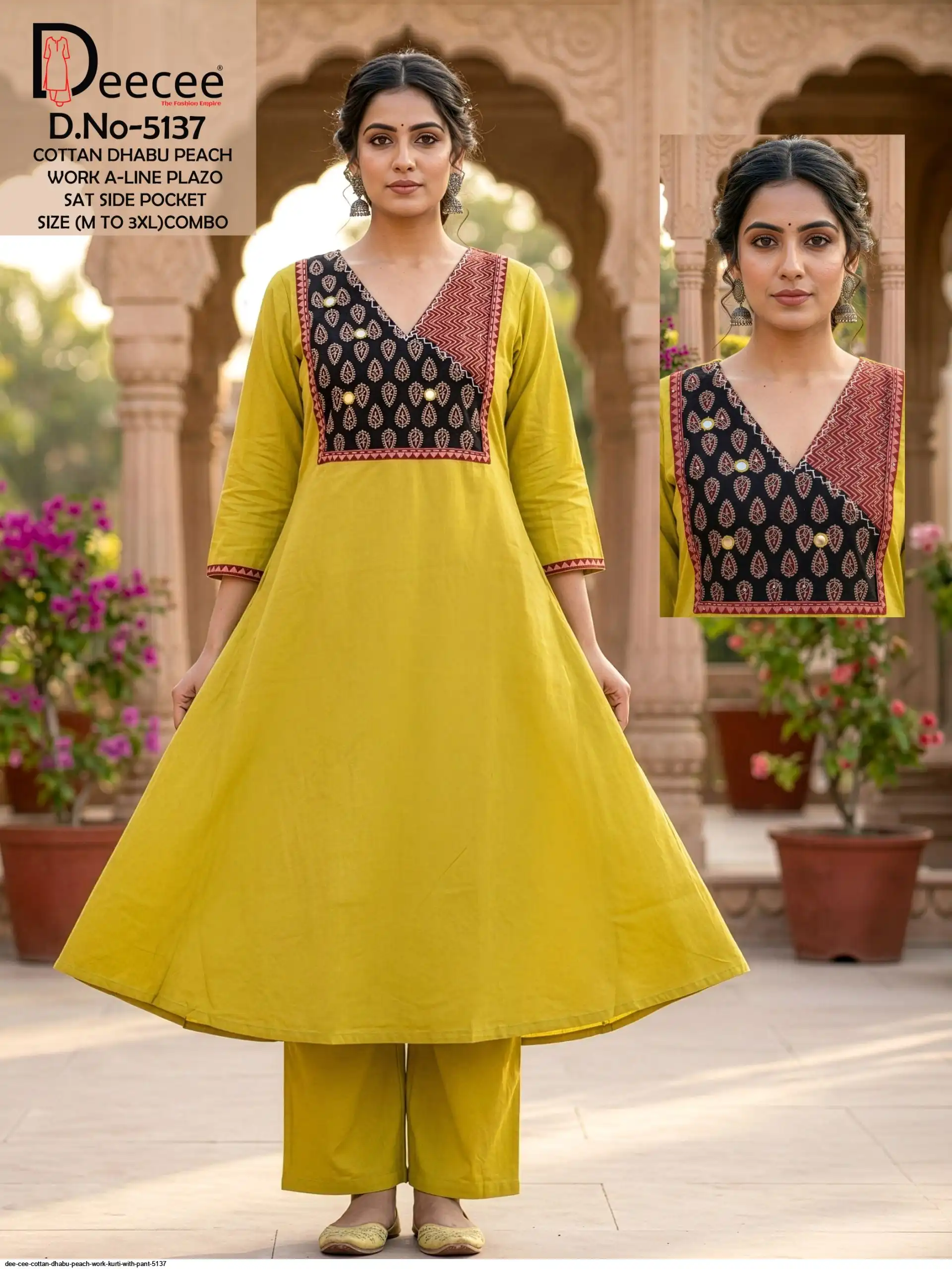 DEE CEE COTTAN DHABU PEACH WORK KURTI WITH PANT 5137 B