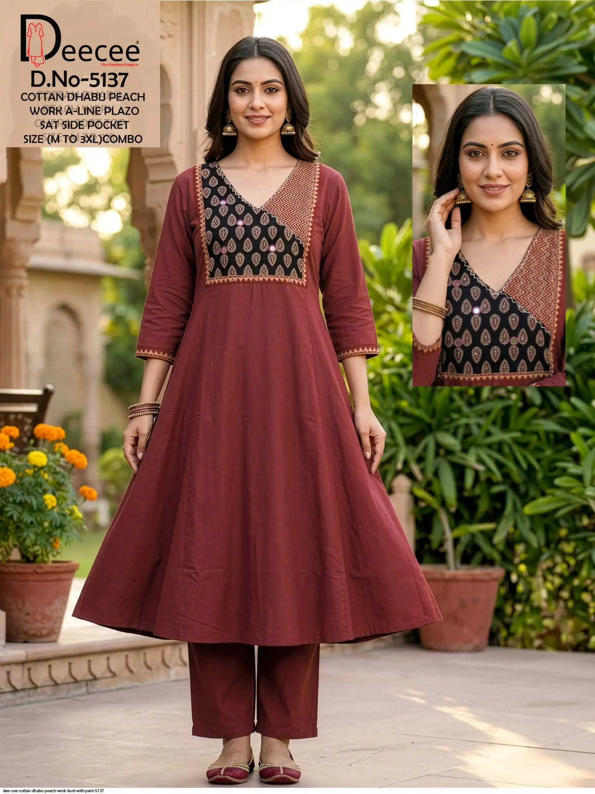 DEE CEE COTTAN DHABU PEACH WORK KURTI WITH PANT 5137 C