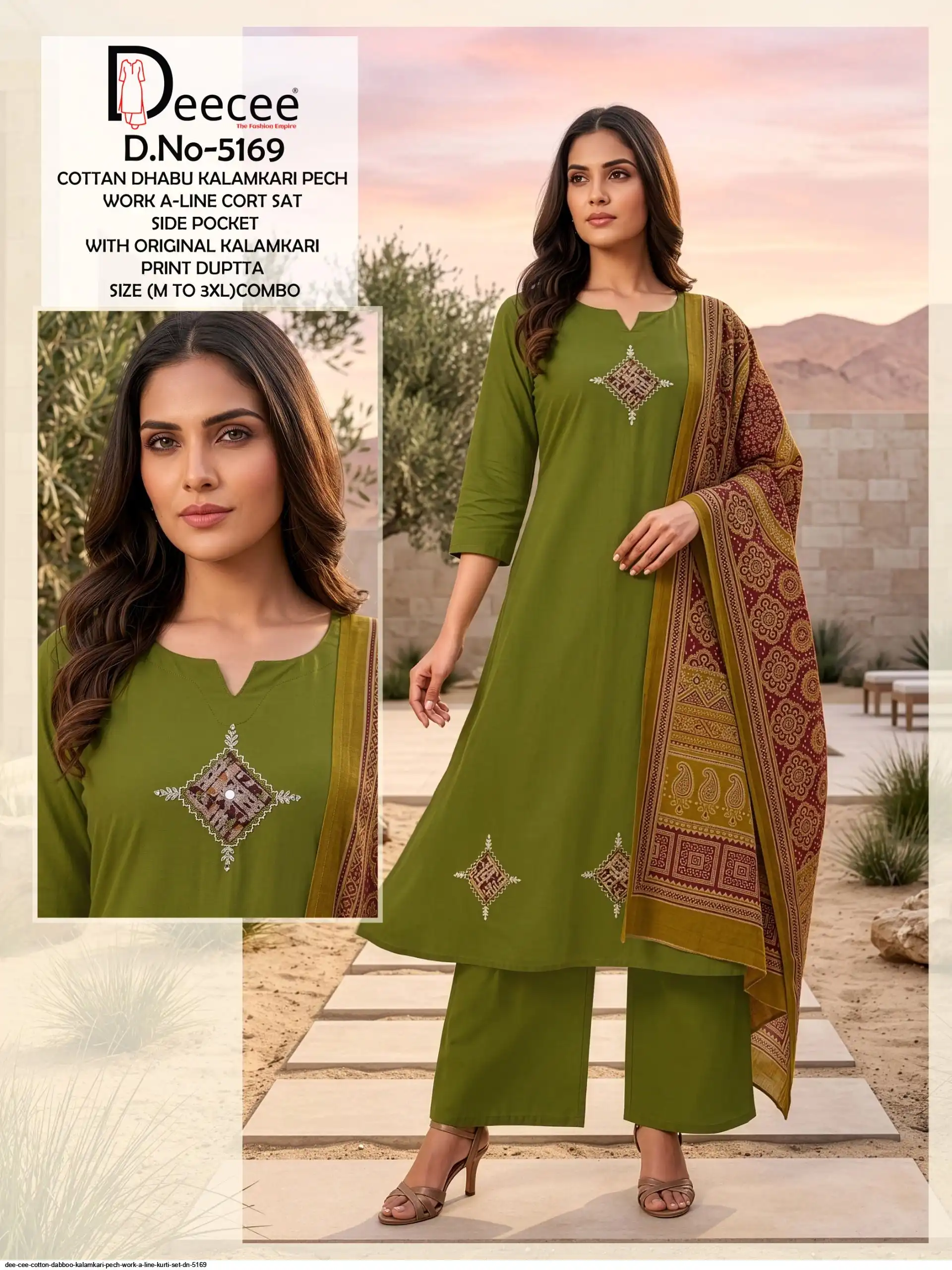 DEE CEE COTTON DABBOO KALAMKARI PECH WORK A LINE KURTI SET DN 5169 B