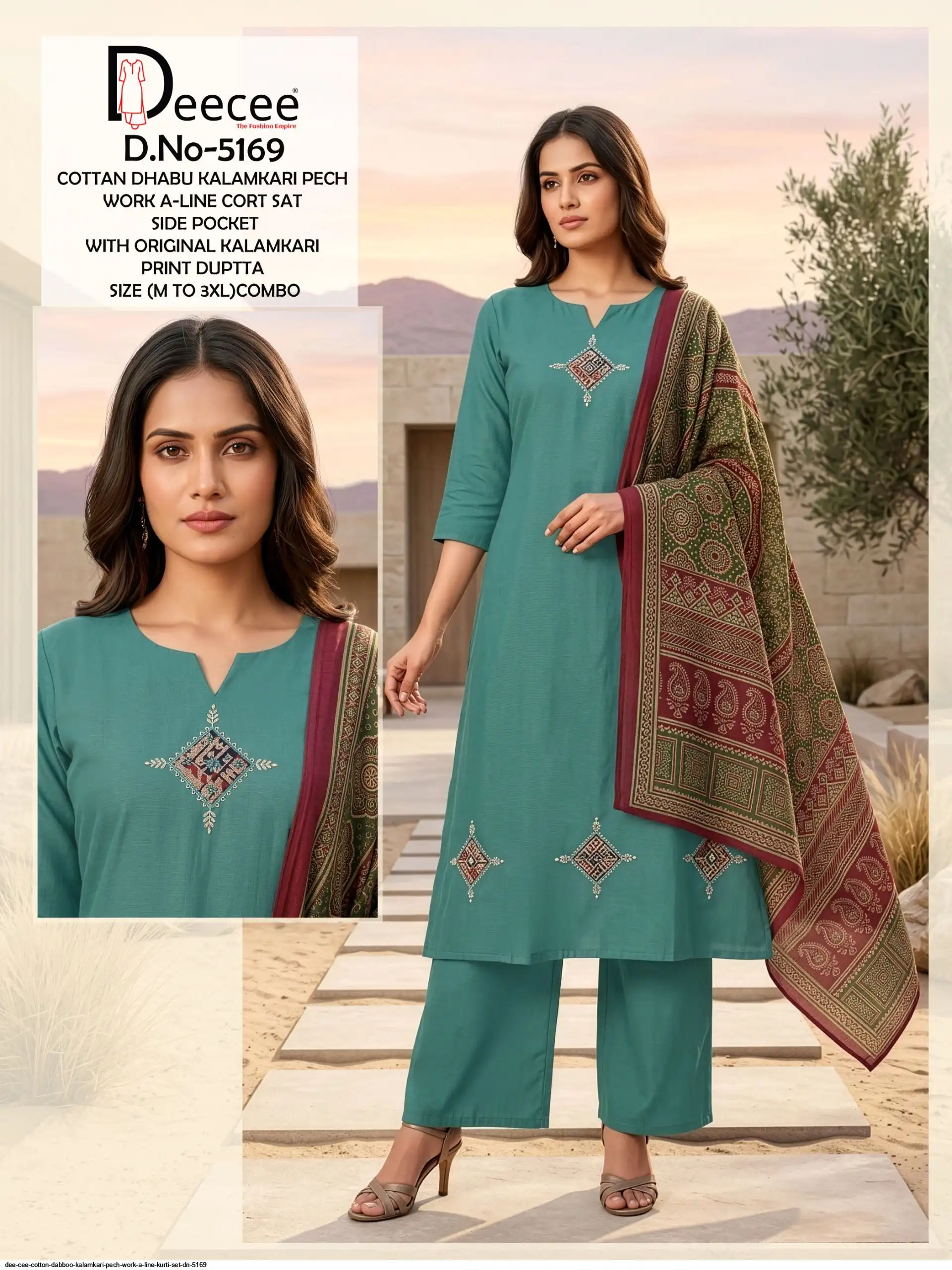 DEE CEE COTTON DABBOO KALAMKARI PECH WORK A LINE KURTI SET DN 5169 C