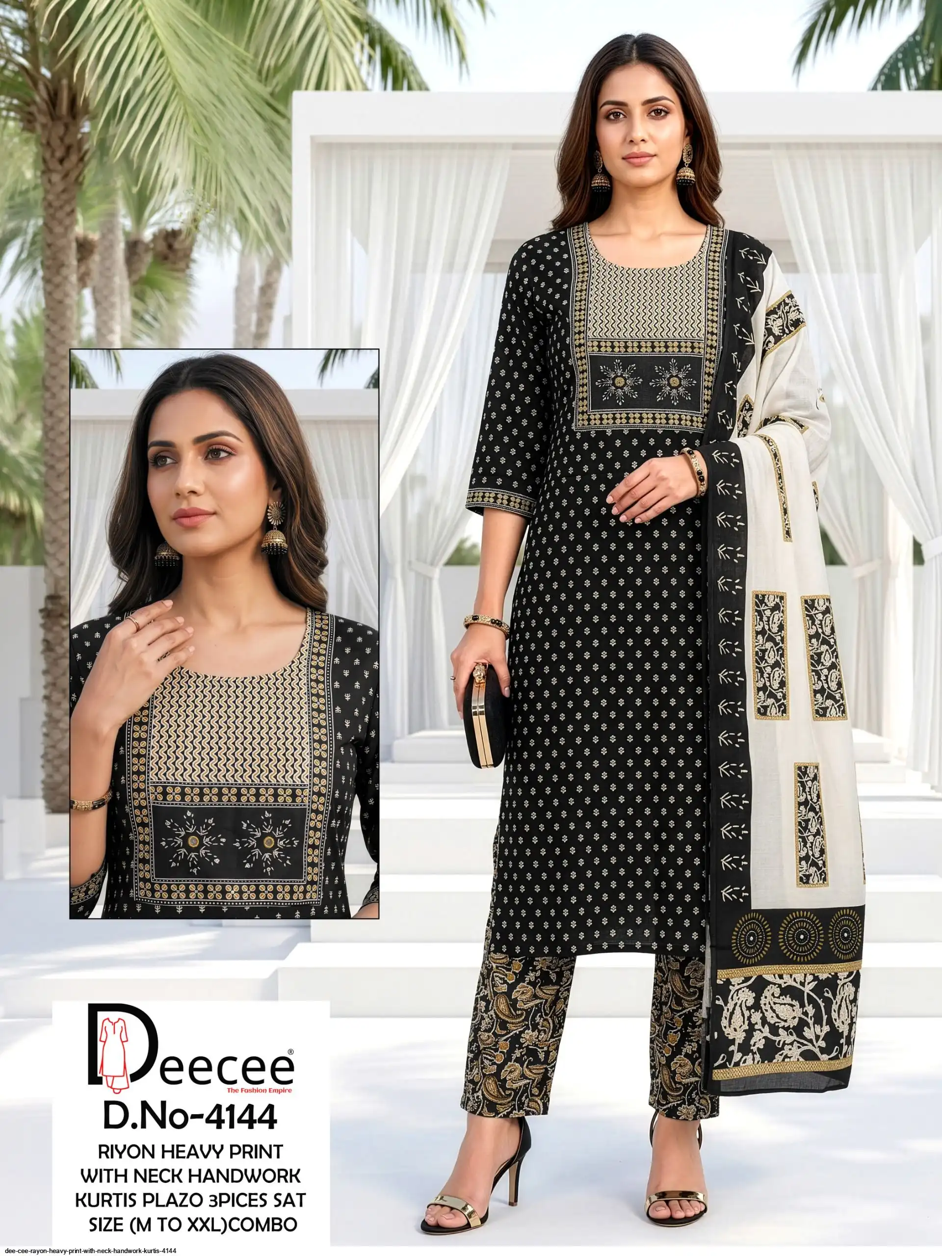 DEE CEE RAYON HEAVY PRINT WITH NECK HANDWORK KURTIS 4144 C