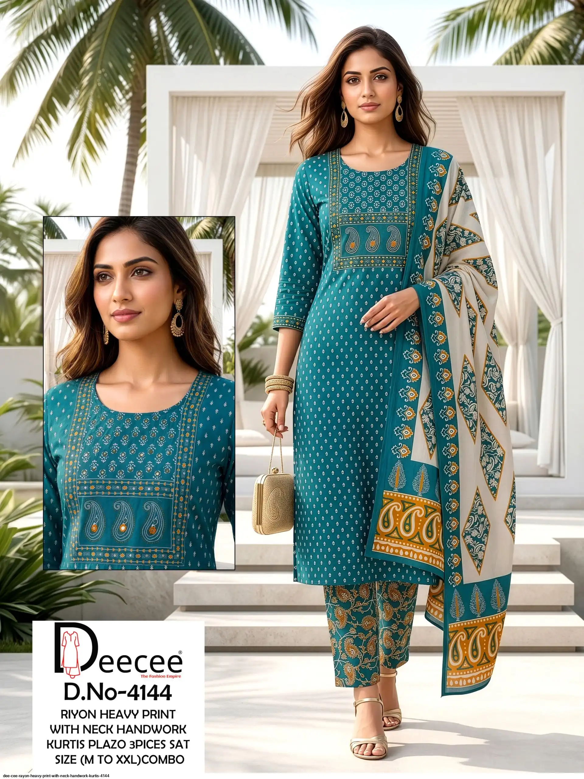 DEE CEE RAYON HEAVY PRINT WITH NECK HANDWORK KURTIS 4144 B