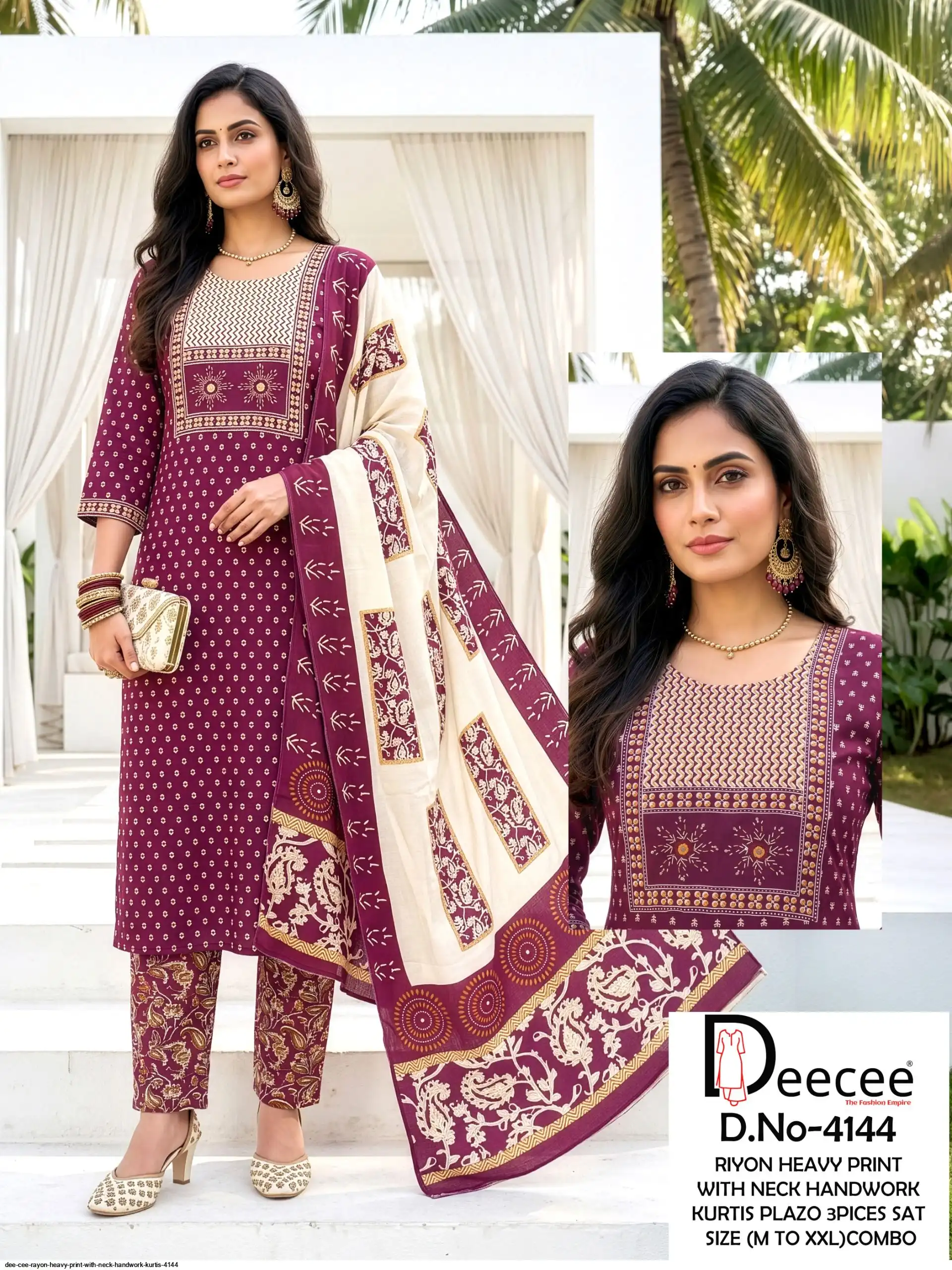 DEE CEE RAYON HEAVY PRINT WITH NECK HANDWORK KURTIS 4144 D