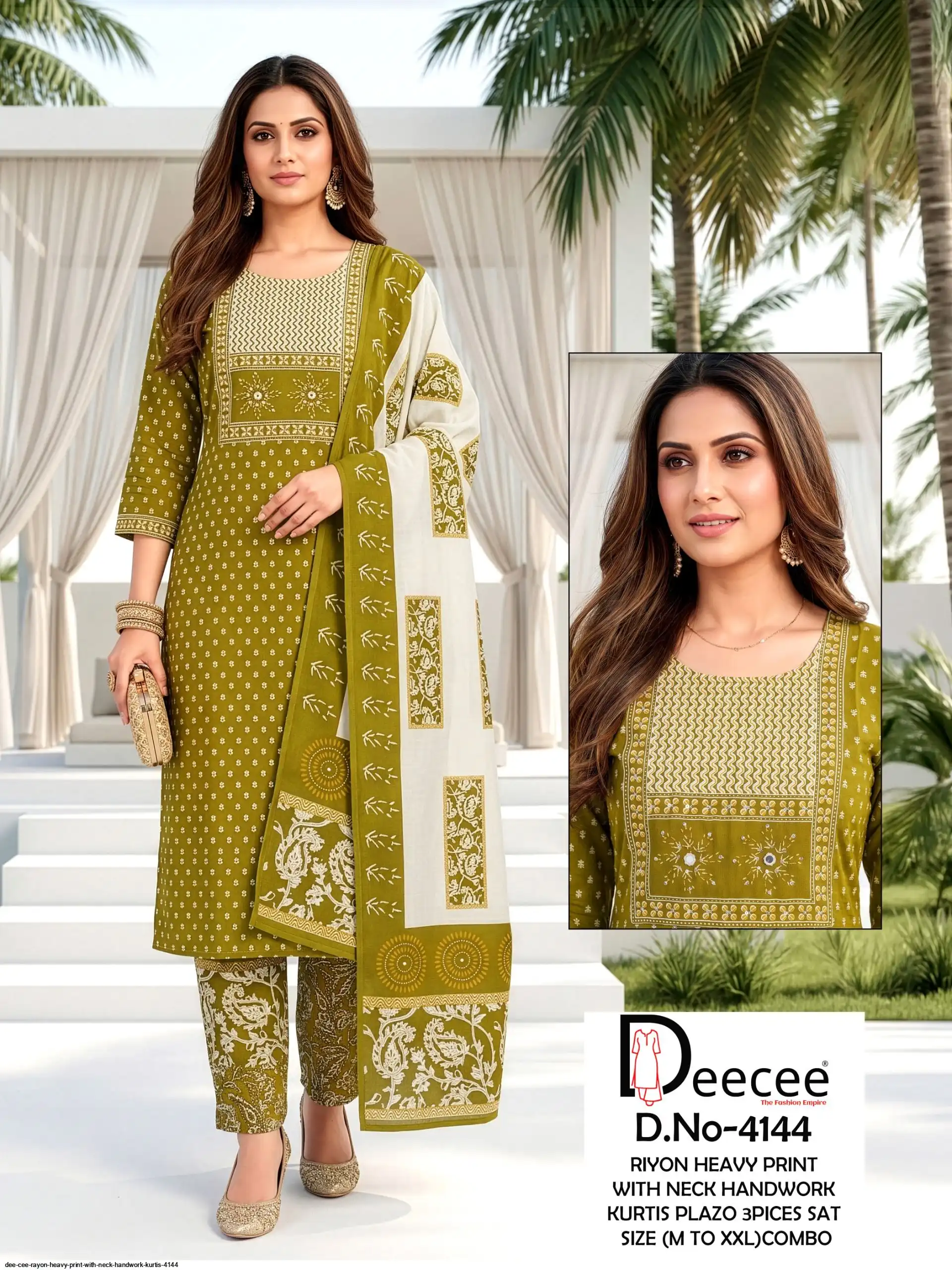 DEE CEE RAYON HEAVY PRINT WITH NECK HANDWORK KURTIS 4144 E