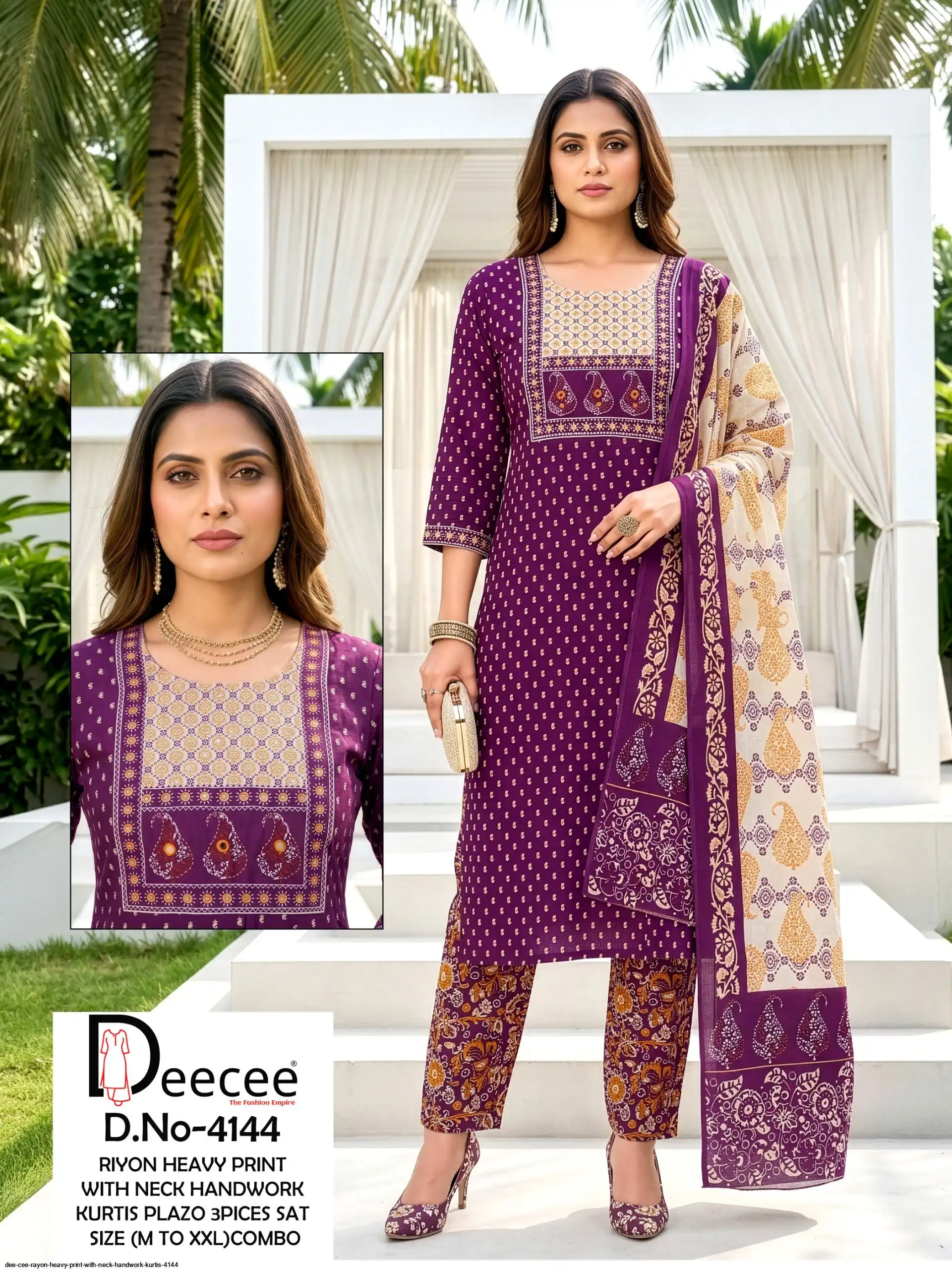 DEE CEE RAYON HEAVY PRINT WITH NECK HANDWORK KURTIS 4144 F