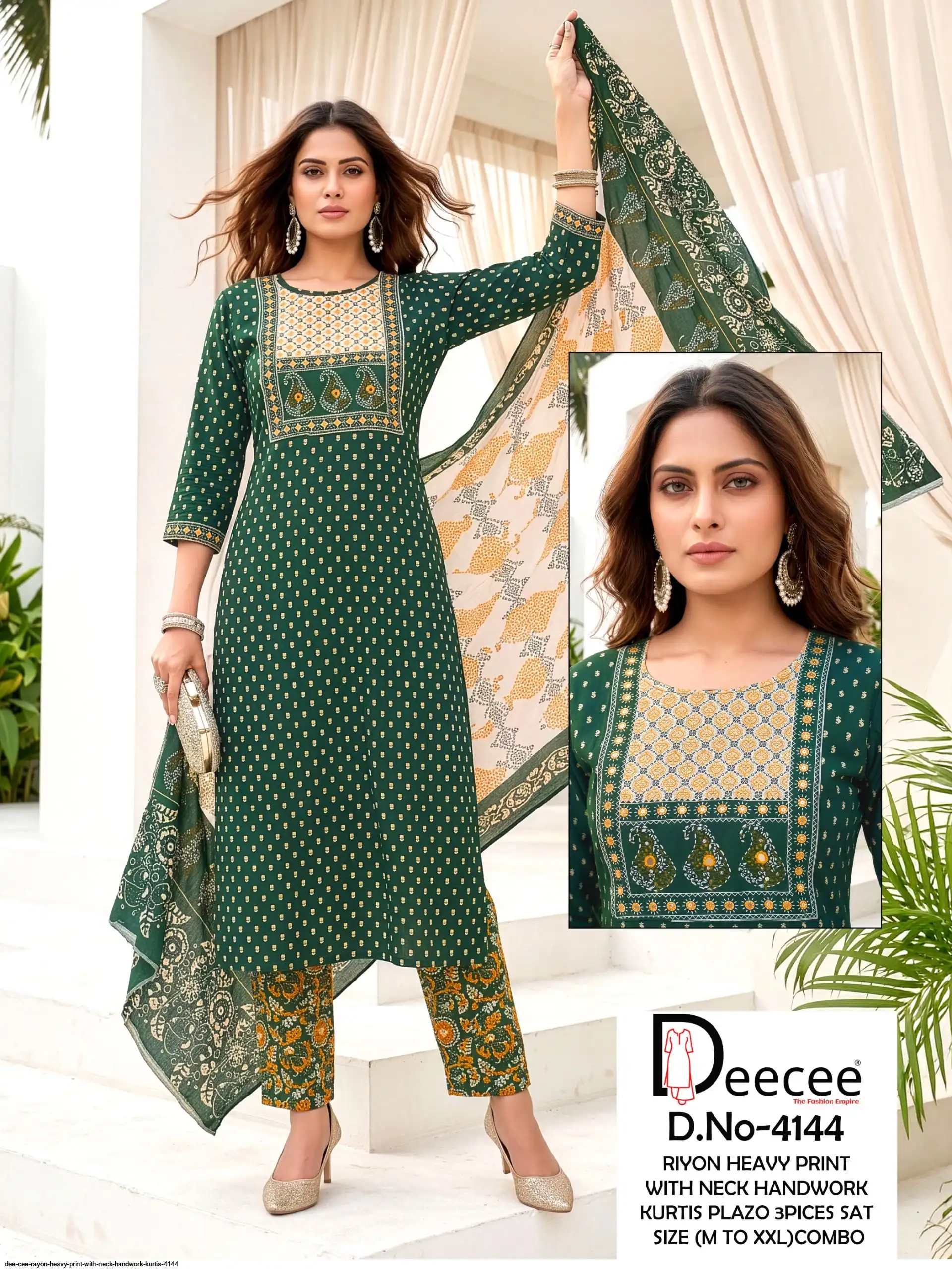 DEE CEE RAYON HEAVY PRINT WITH NECK HANDWORK KURTIS 4144 G