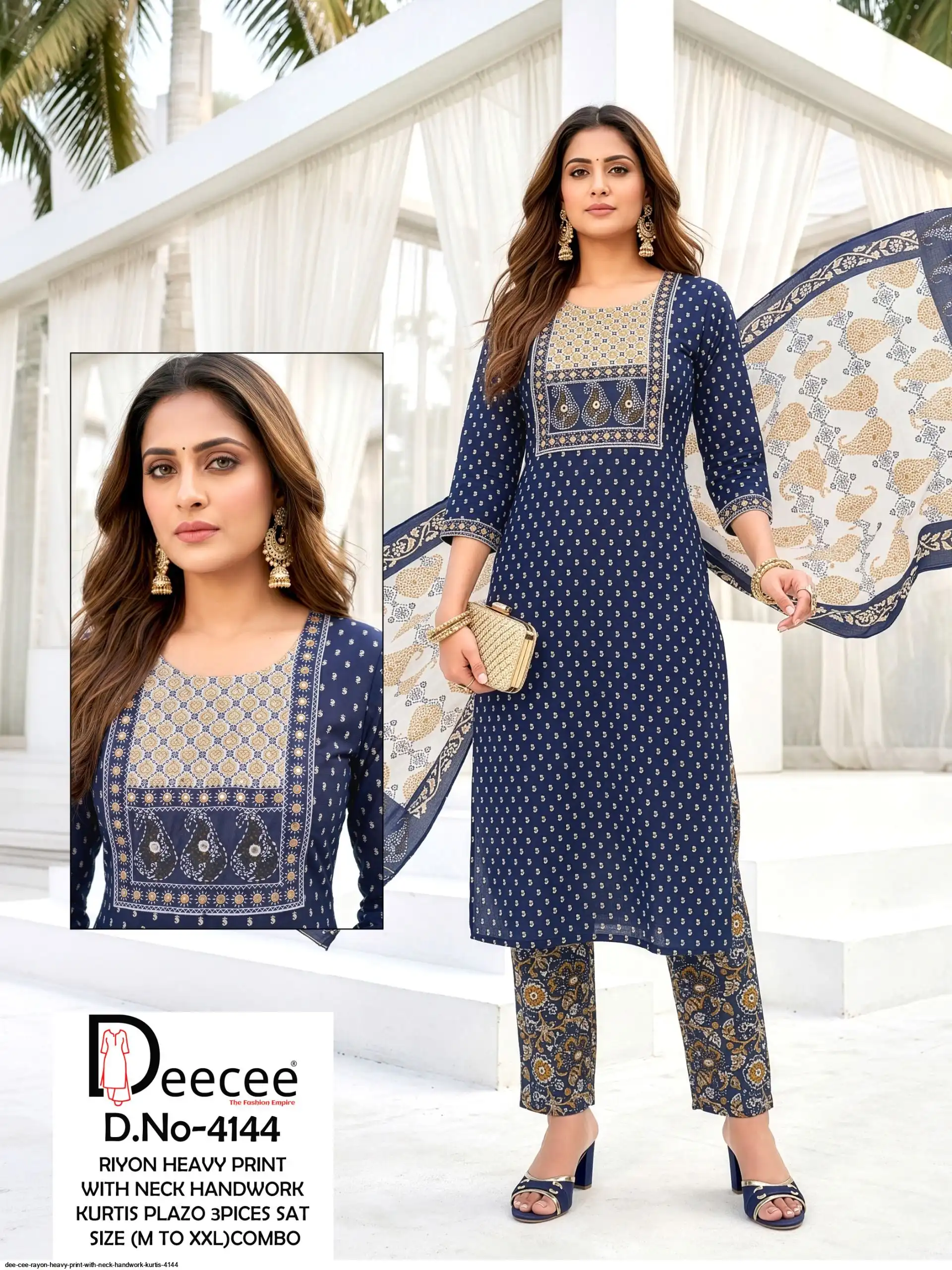DEE CEE RAYON HEAVY PRINT WITH NECK HANDWORK KURTIS 4144 H