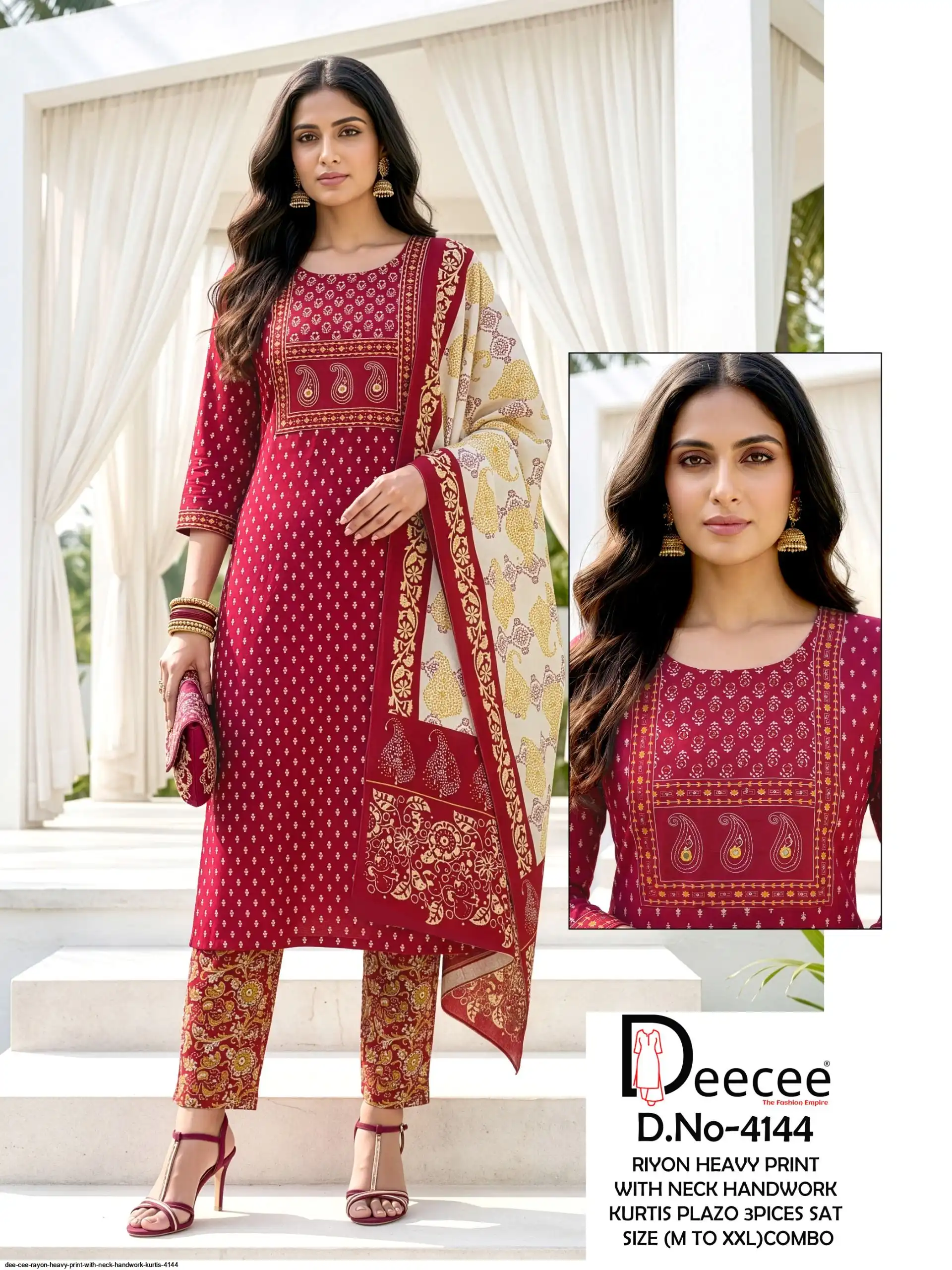 DEE CEE RAYON HEAVY PRINT WITH NECK HANDWORK KURTIS 4144 I