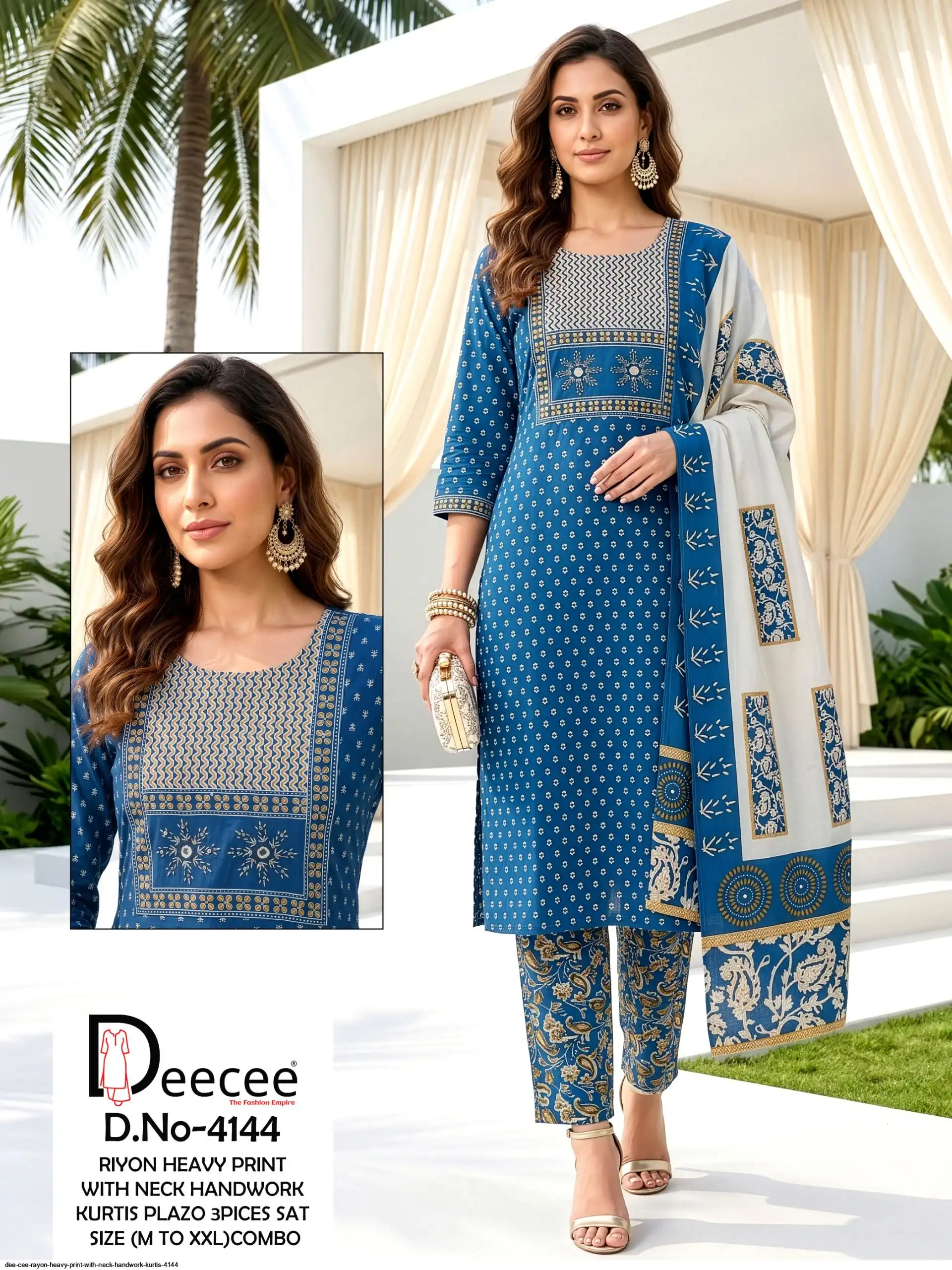 DEE CEE RAYON HEAVY PRINT WITH NECK HANDWORK KURTIS 4144 J